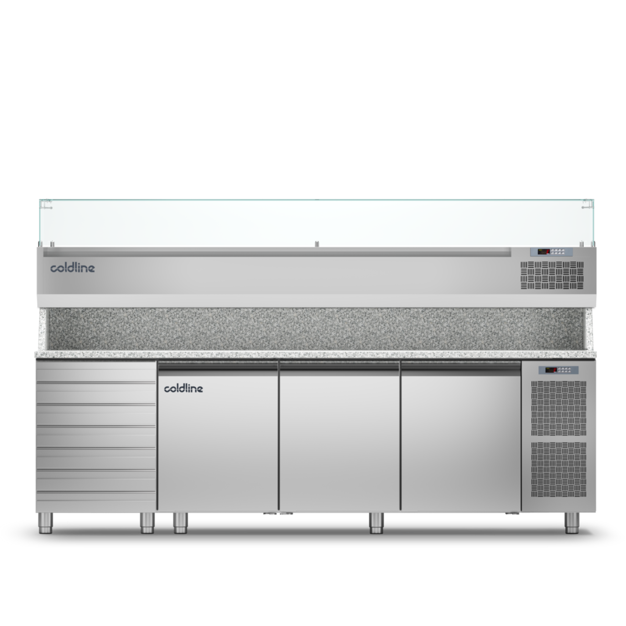 Coldline 3 Door + Drawers Pizza Preparation Counter with Granite Worktop and Display Case - TZ17/1MC VP