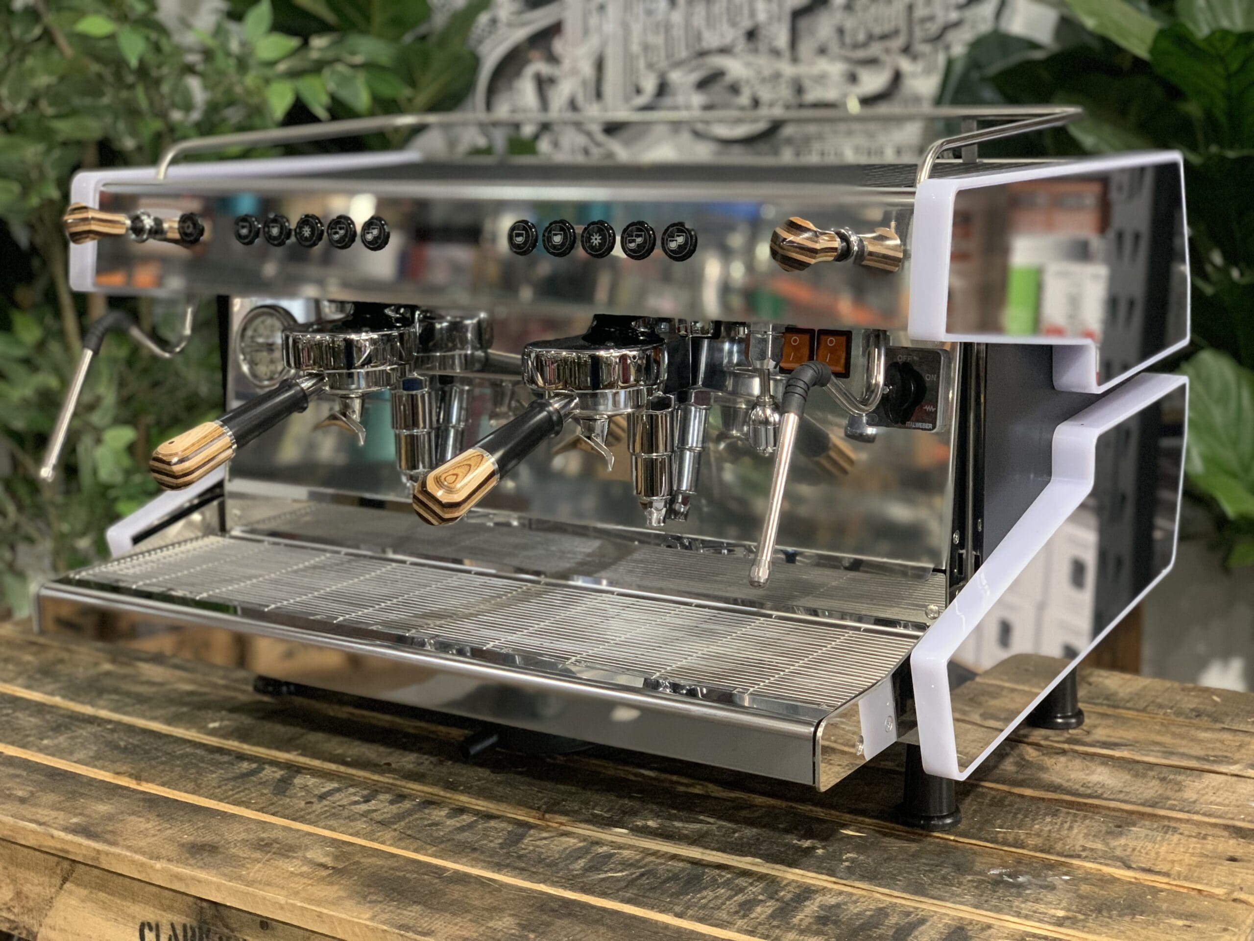 Cime CO-03 Neo E61 White w. Black & Brown Pesado - 2 Group Commercial Espresso Machine - Timber