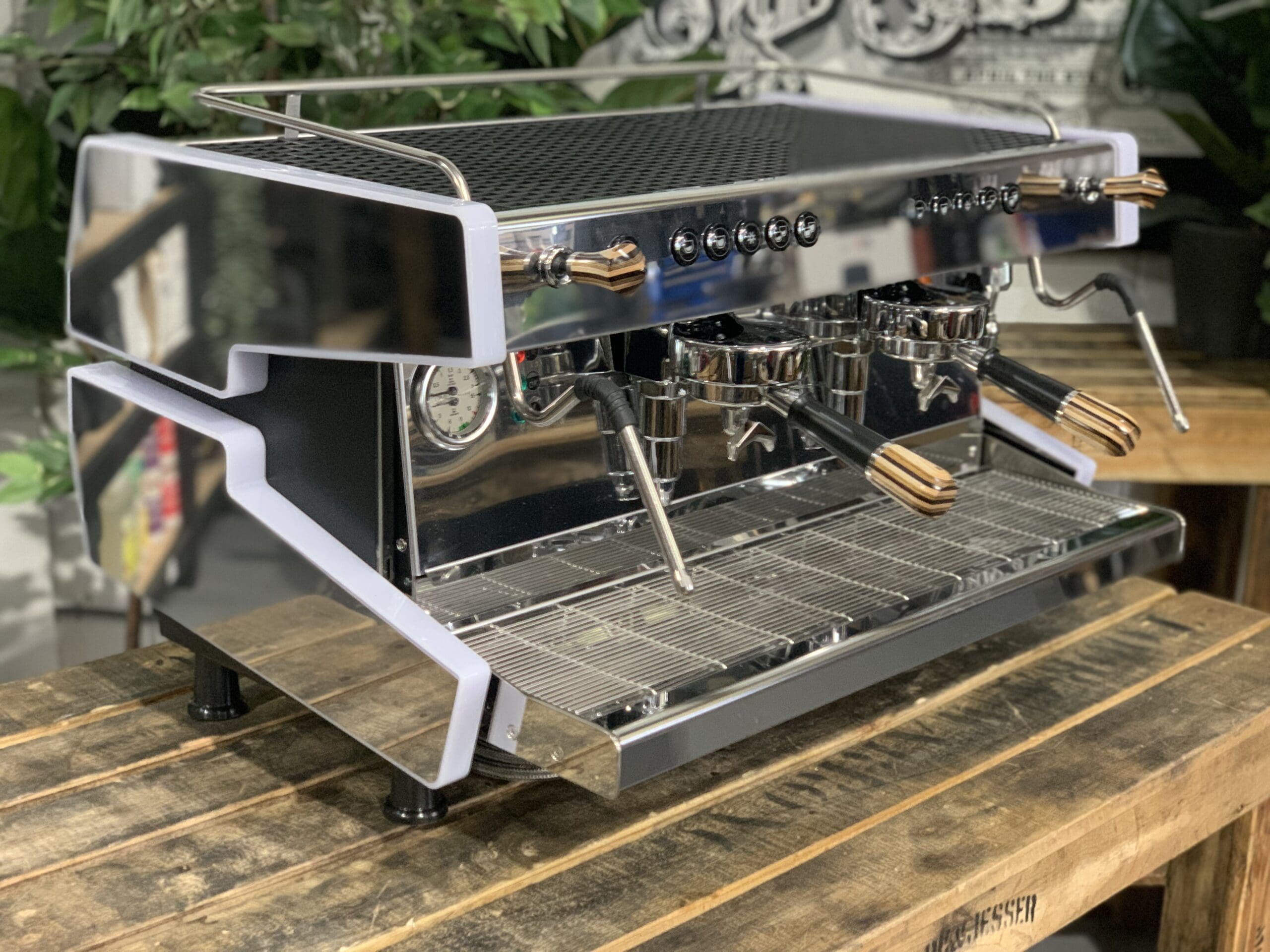 Cime CO-03 Neo E61 White w. Black & Brown Pesado - 2 Group Commercial Espresso Machine - Timber
