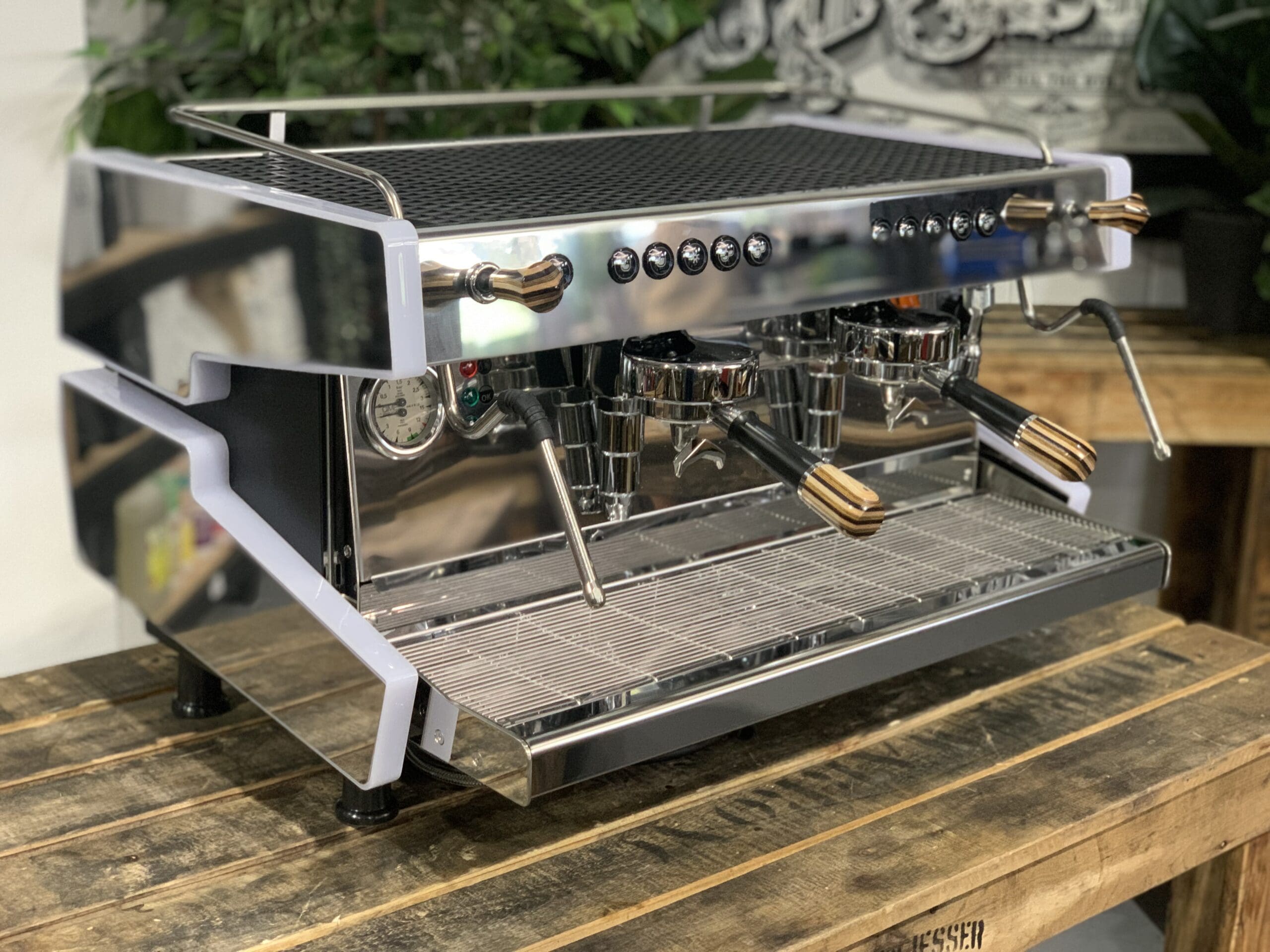 Cime CO-03 Neo E61 White w. Black & Brown Pesado - 2 Group Commercial Espresso Machine - Timber