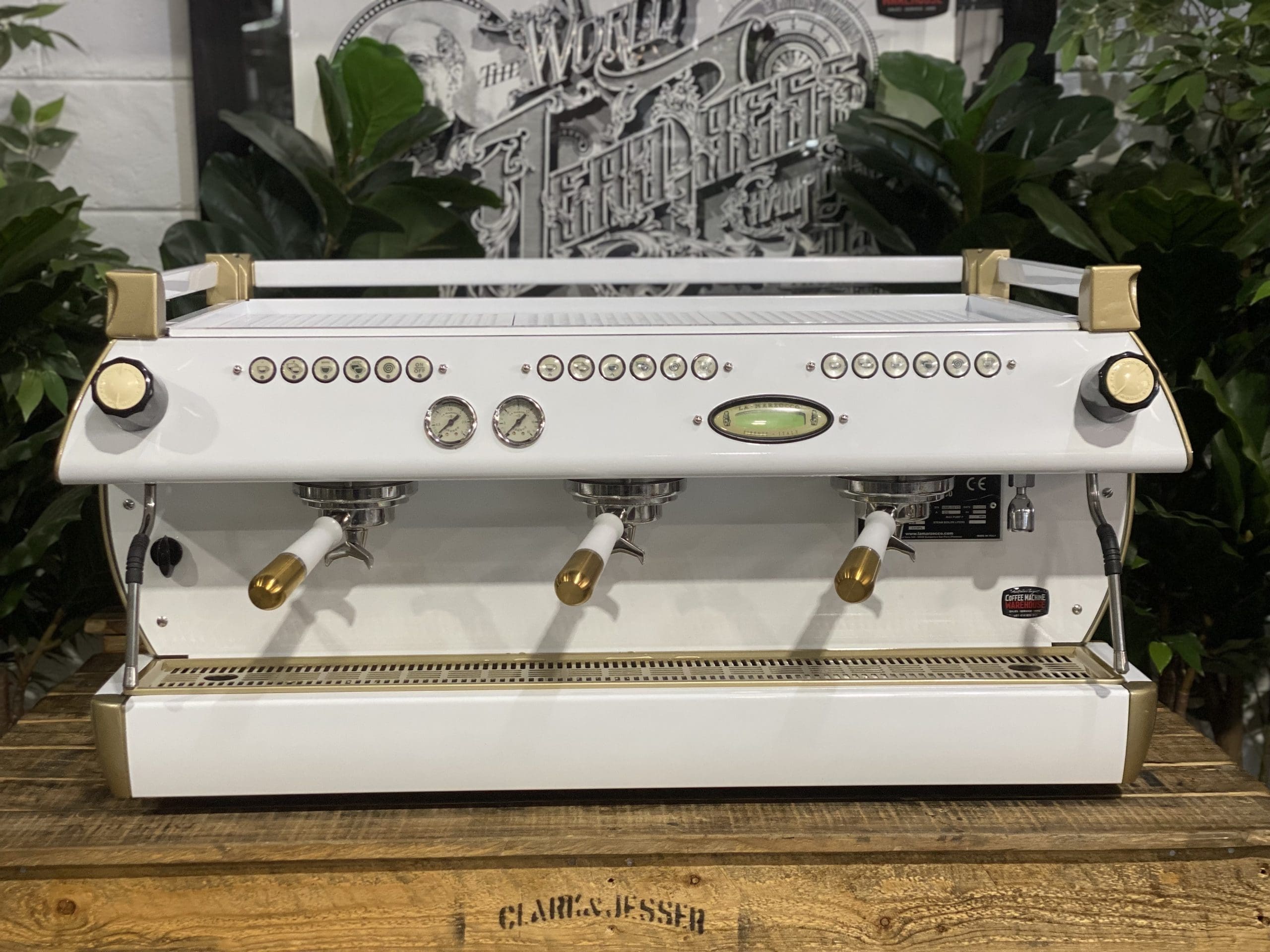 La Marzocco GB5 White & W. Pesado Group Handles - 3 Group Commercial Espresso Machine - Gold