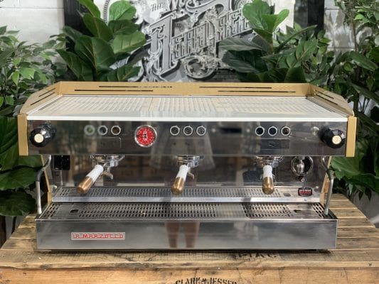 La Marzocco Linea PB White & with Pesado Handles - 3 Group Commercial Espresso Machine - Gold