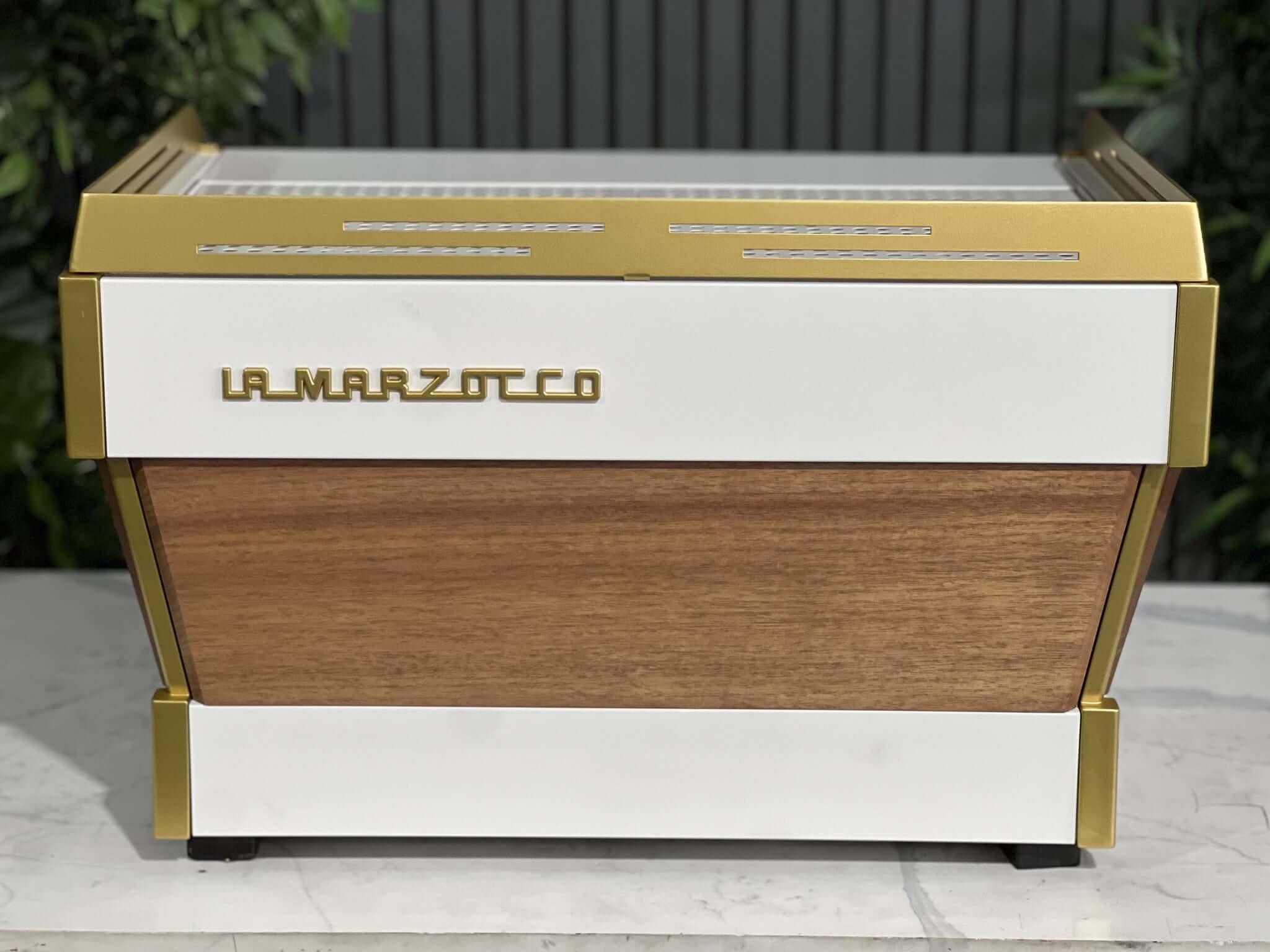La Marzocco Linea PB White & Gold with Panels & Handles - 2 Group Commercial Espresso Machine - Timber