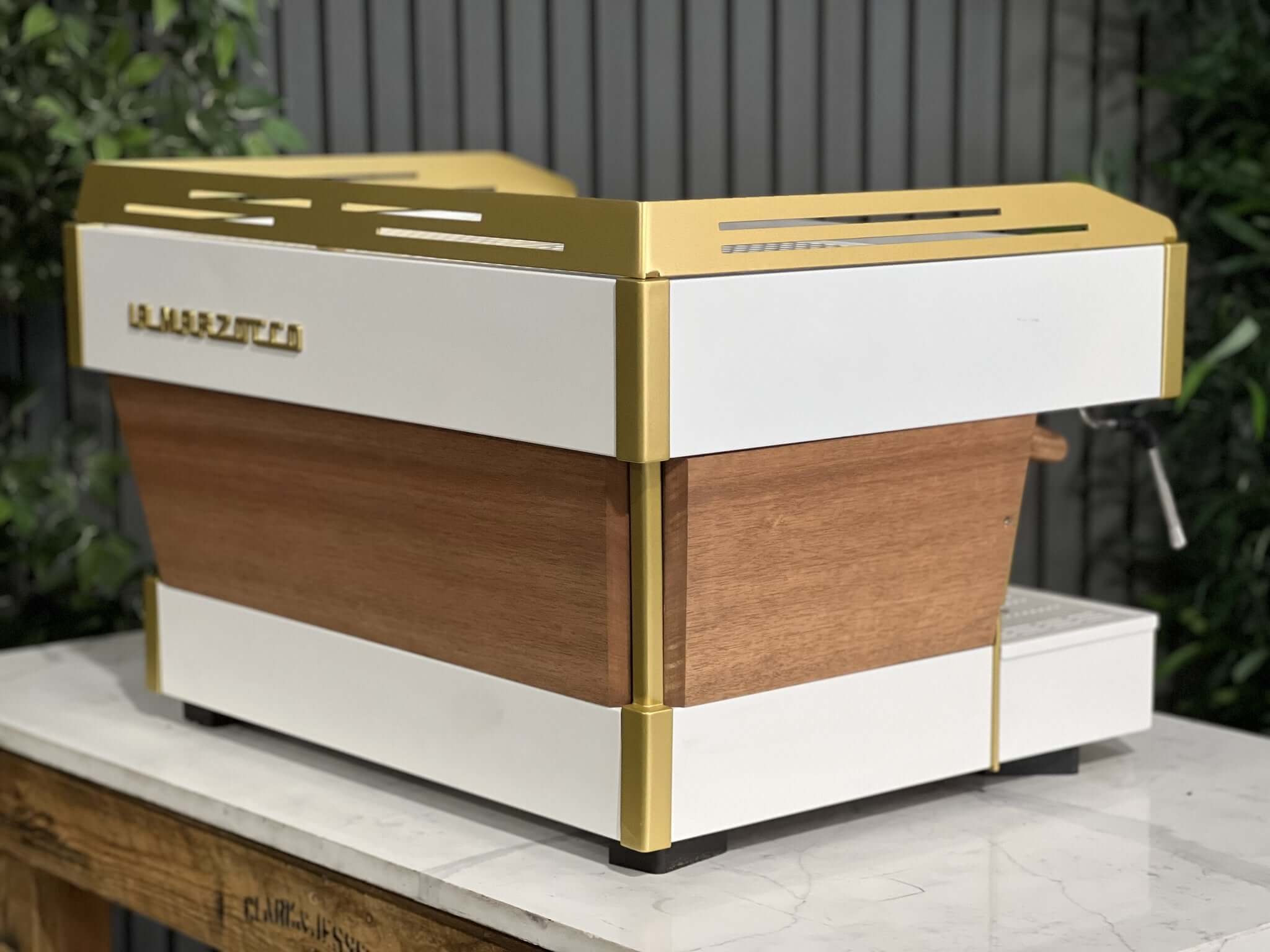 La Marzocco Linea PB White & Gold with Panels & Handles - 2 Group Commercial Espresso Machine - Timber