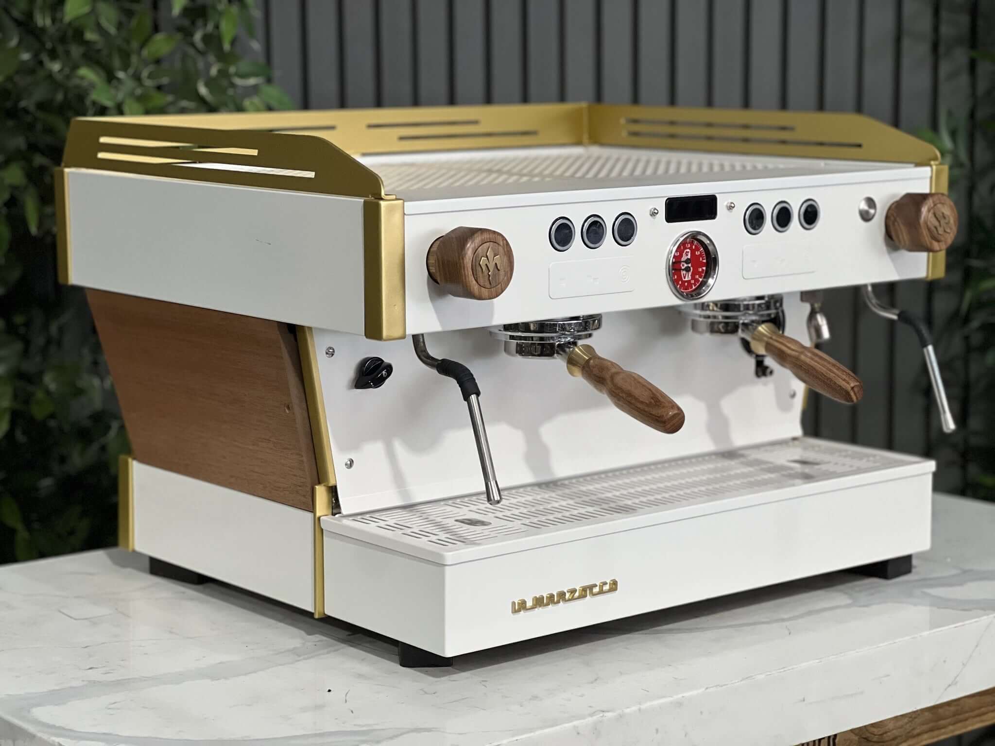 La Marzocco Linea PB White & Gold with Panels & Handles - 2 Group Commercial Espresso Machine - Timber
