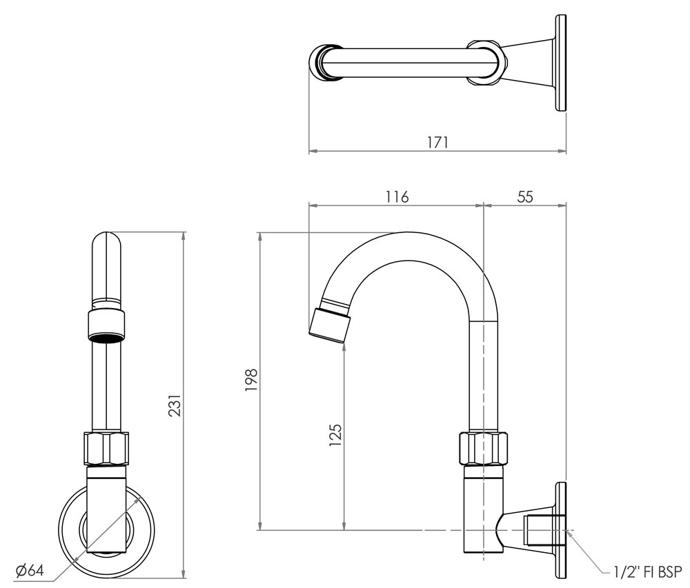 3Monkeez Stainless Steel Wall Elbow with 7" Gooseneck Swivel Spout - T-3MWEG07