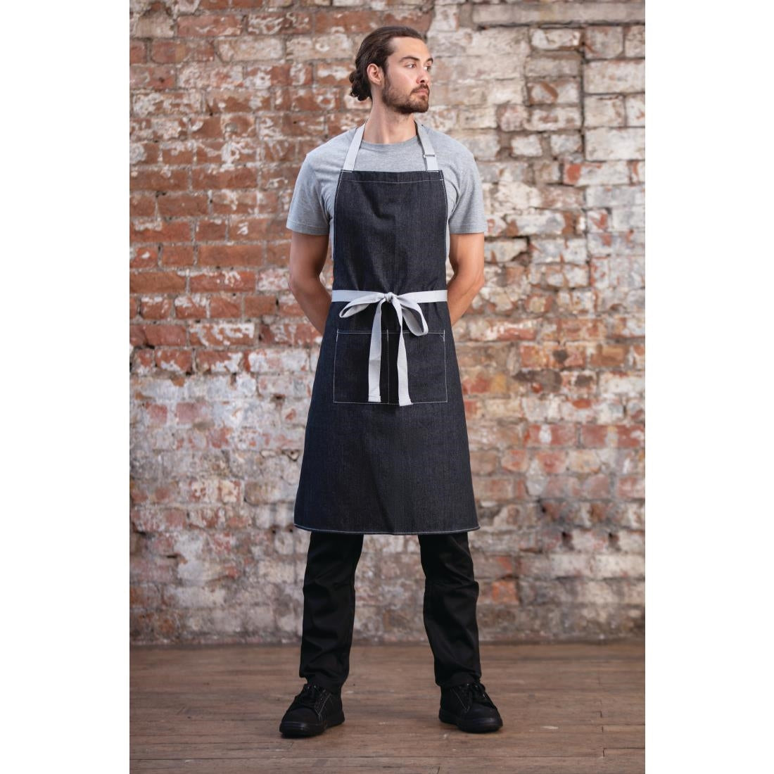 Southside X-Cross Back Bib Apron Denim Black with Grey Ties - BB057