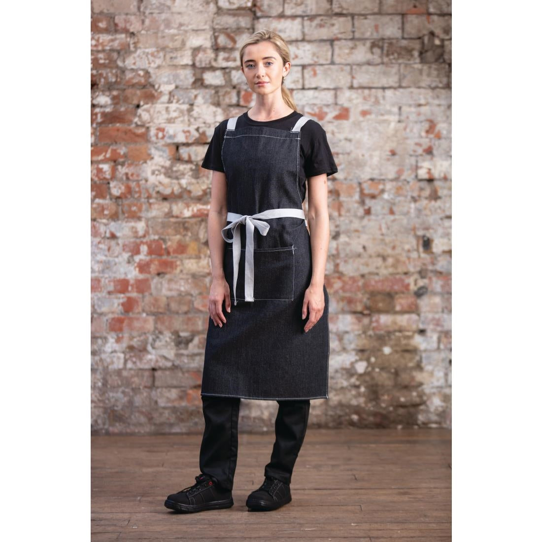 Southside X-Cross Back Bib Apron Denim Black with Grey Ties - BB057