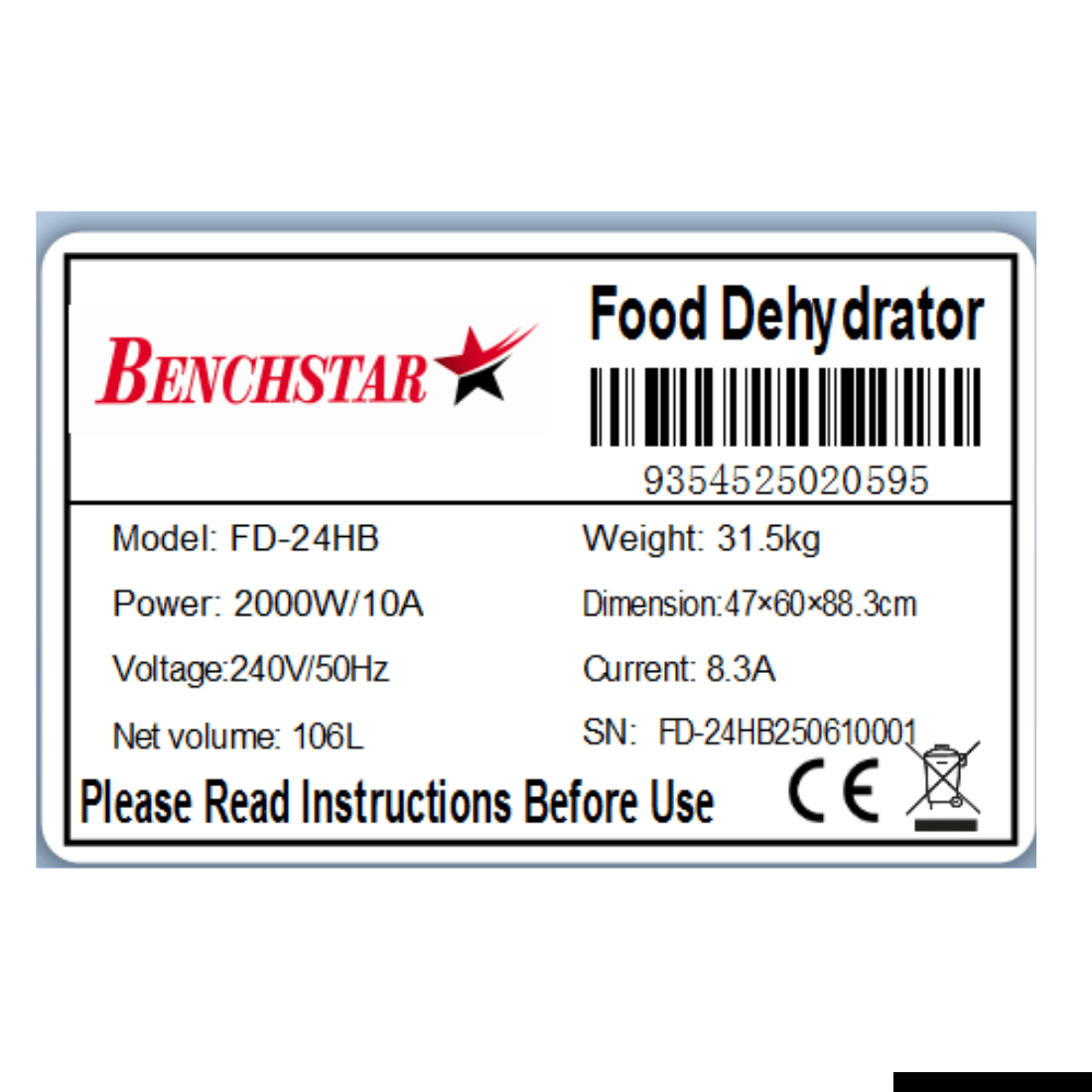 Benchstar Food Dehydrator with 24 trays - FD-24HB
