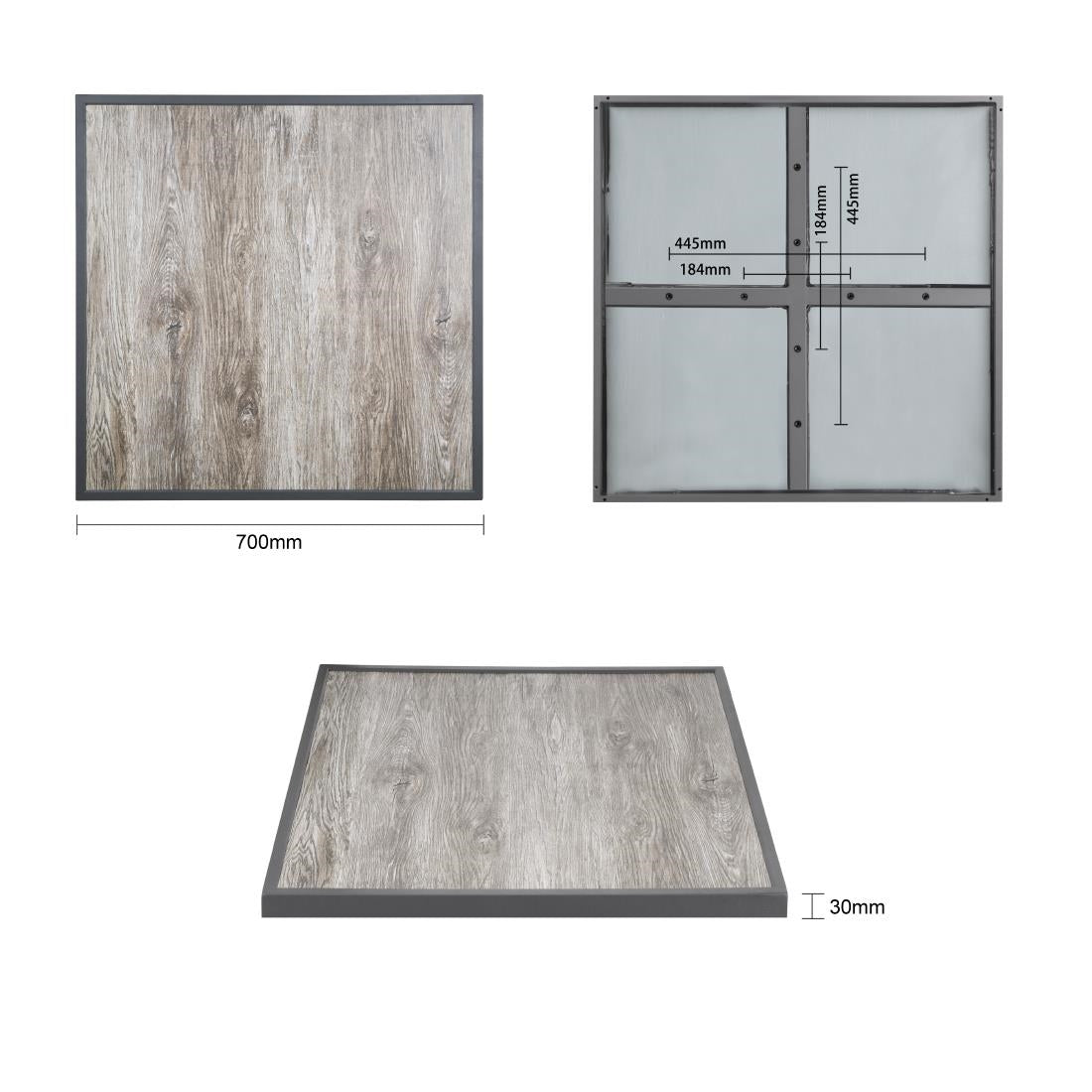 Bolero Wood Grain Effect Outdoor Tempered Glass Table Top Grey Trim 700mm - FU515