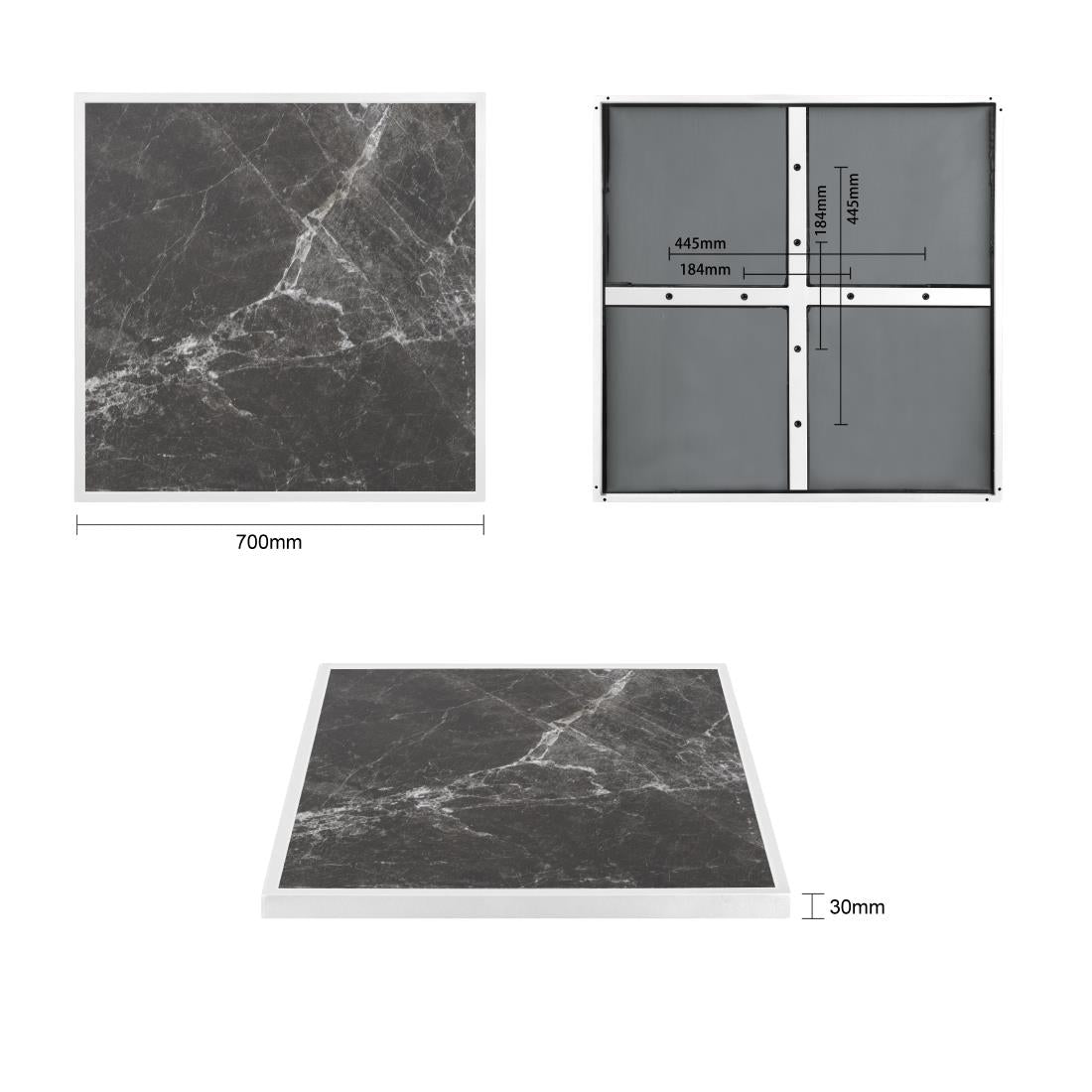 Bolero Dark Granite Effect Outdoor Tempered Glass Table Top White Trim 700mm - FU516