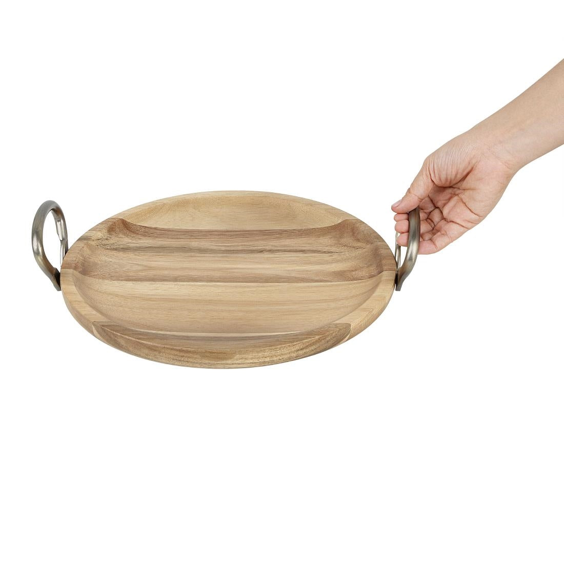 Olympia Round Dish Acacia Wood Metal Handles 345x305x80mm - HX388
