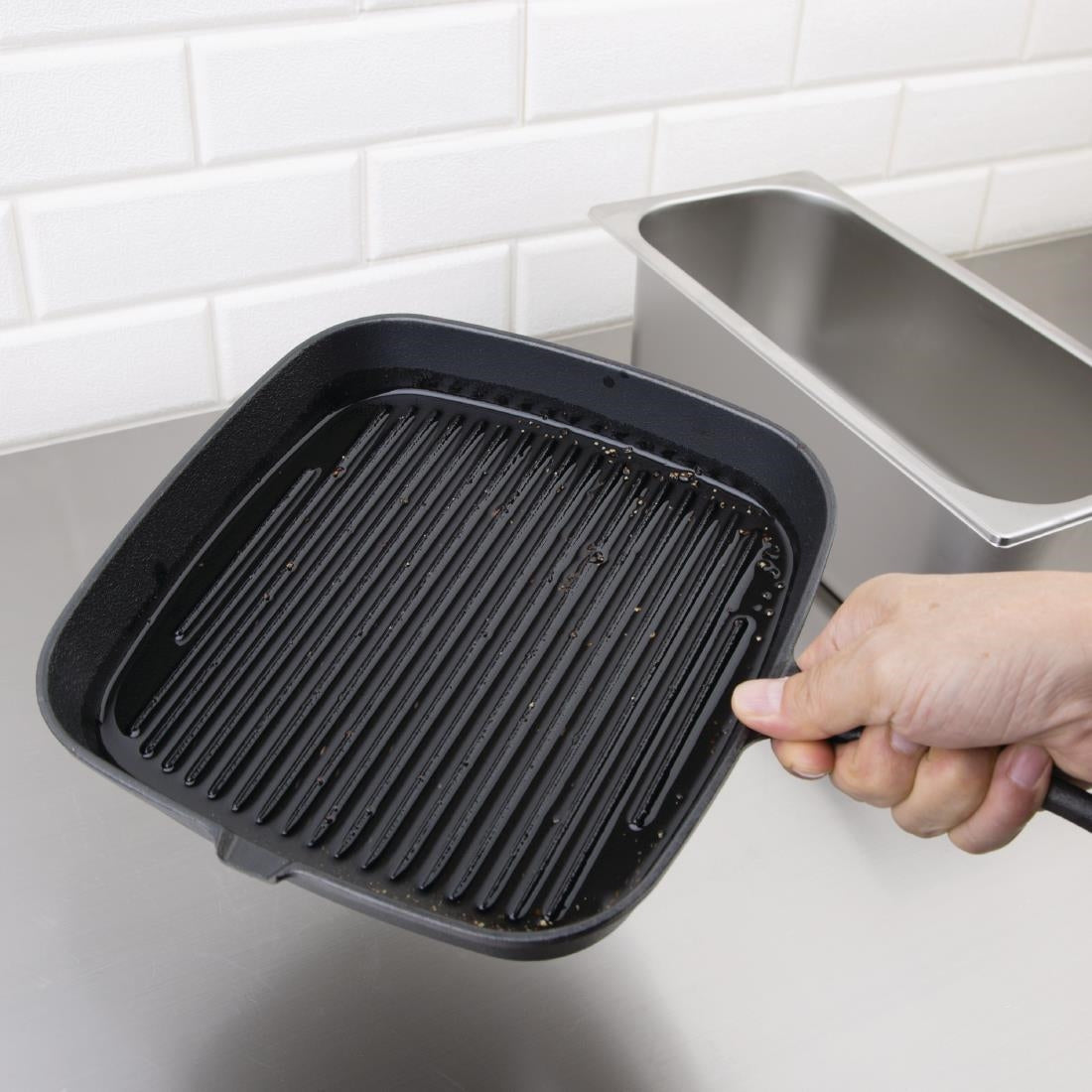 Vogue Square Cast Iron Ribbed Skillet Pan - M653