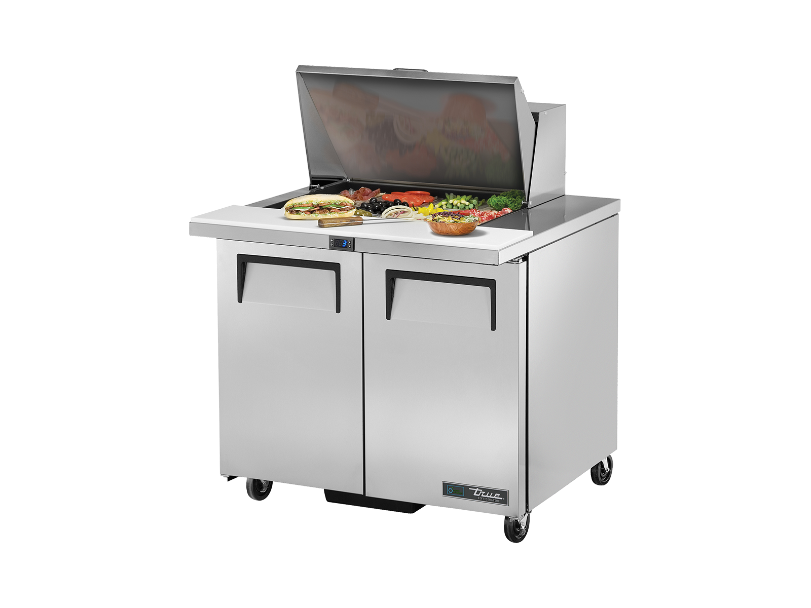 TRUE 2 Mega-Top Solid Door Sandwich/Salad Fridge 920mm Width - TSSU-36-12M-B-HC