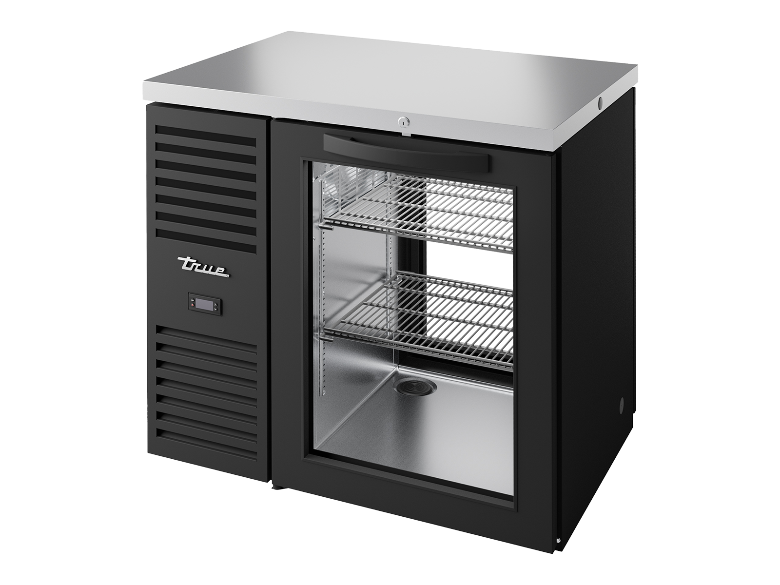 TRUE Pass-Thru Single Zone 1 Glass Swing Door Undercounter Refrigerator - Black - TBR36-PTSZ1-L-B-G-G-2
