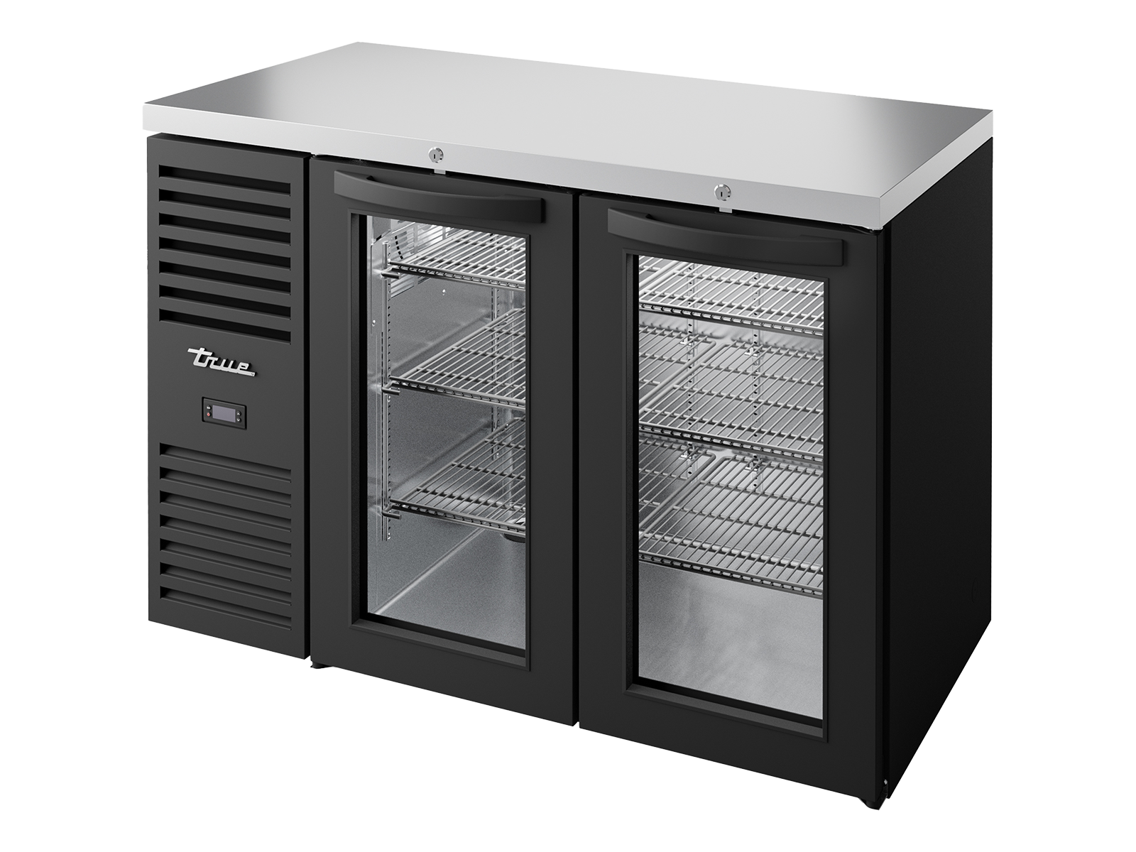 TRUE Reach-In Single Zone 2 Glass Swing Door Undercounter Refrigerator 1200mm Width - Black - TBR48-RISZ1-L-B-GG-2