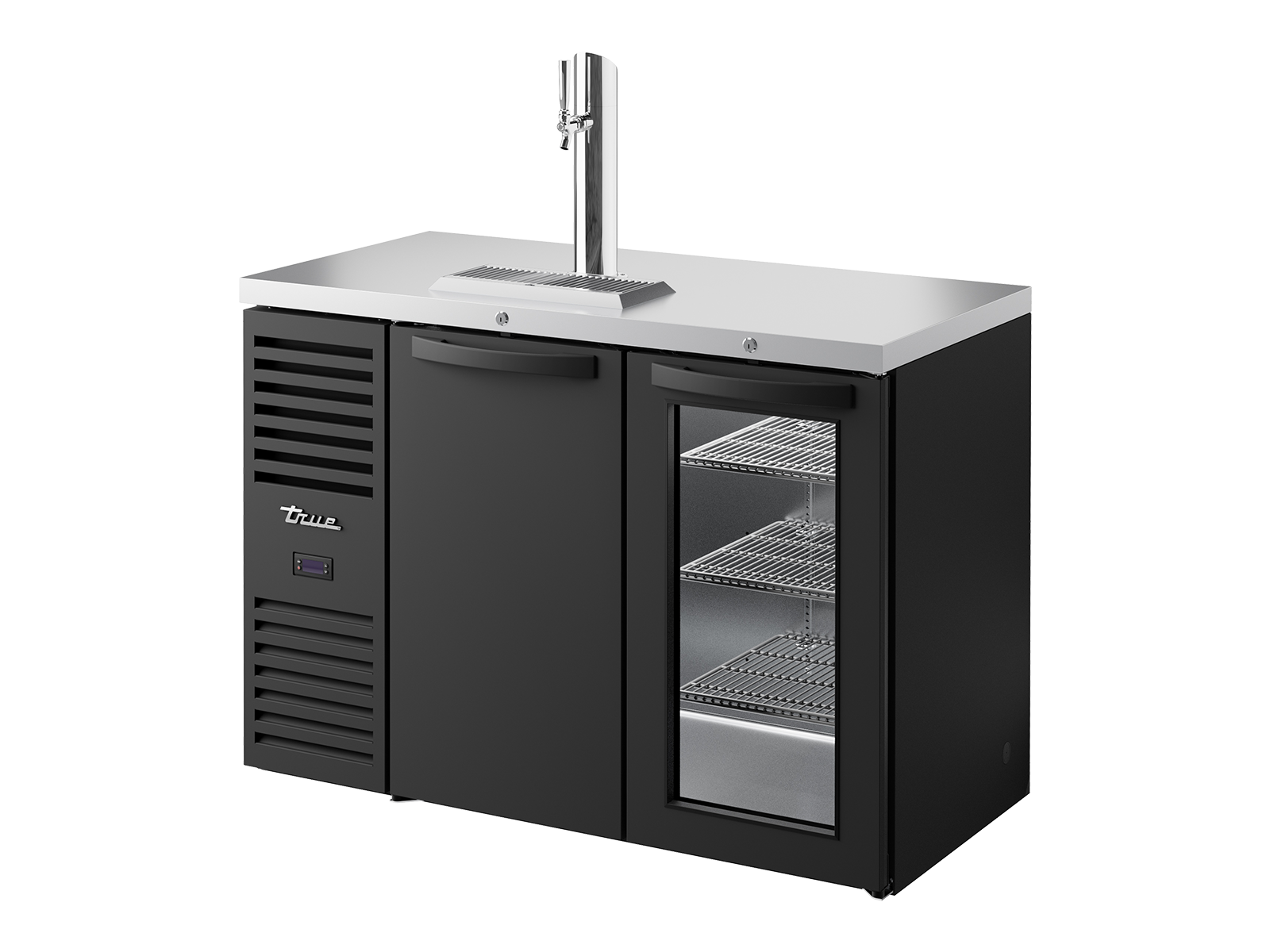 TRUE Reach-In Single Zone 2 Solid/Glass Swing Door Undercounter Refrigerator with Countertop 1200mm Width - Black - TDR48-RISZ1-L-B-SG-2