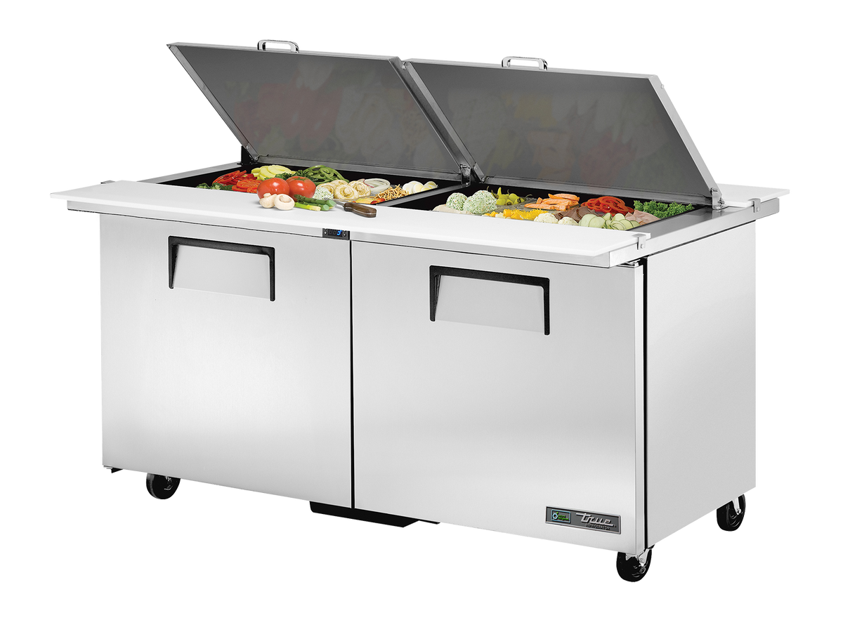 TRUE 2 Dual Sided Mega-Top Solid Door Sandwich/Salad Unit - TSSU-60-24M-B-DS-ST-HC