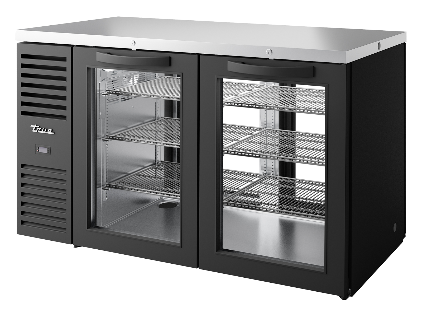 TRUE Pass-Thru Single Zone 2 Glass Swing Door Undercounter Refrigerator - Black - TBR60-PTSZ1-L-B-GG-GG-2
