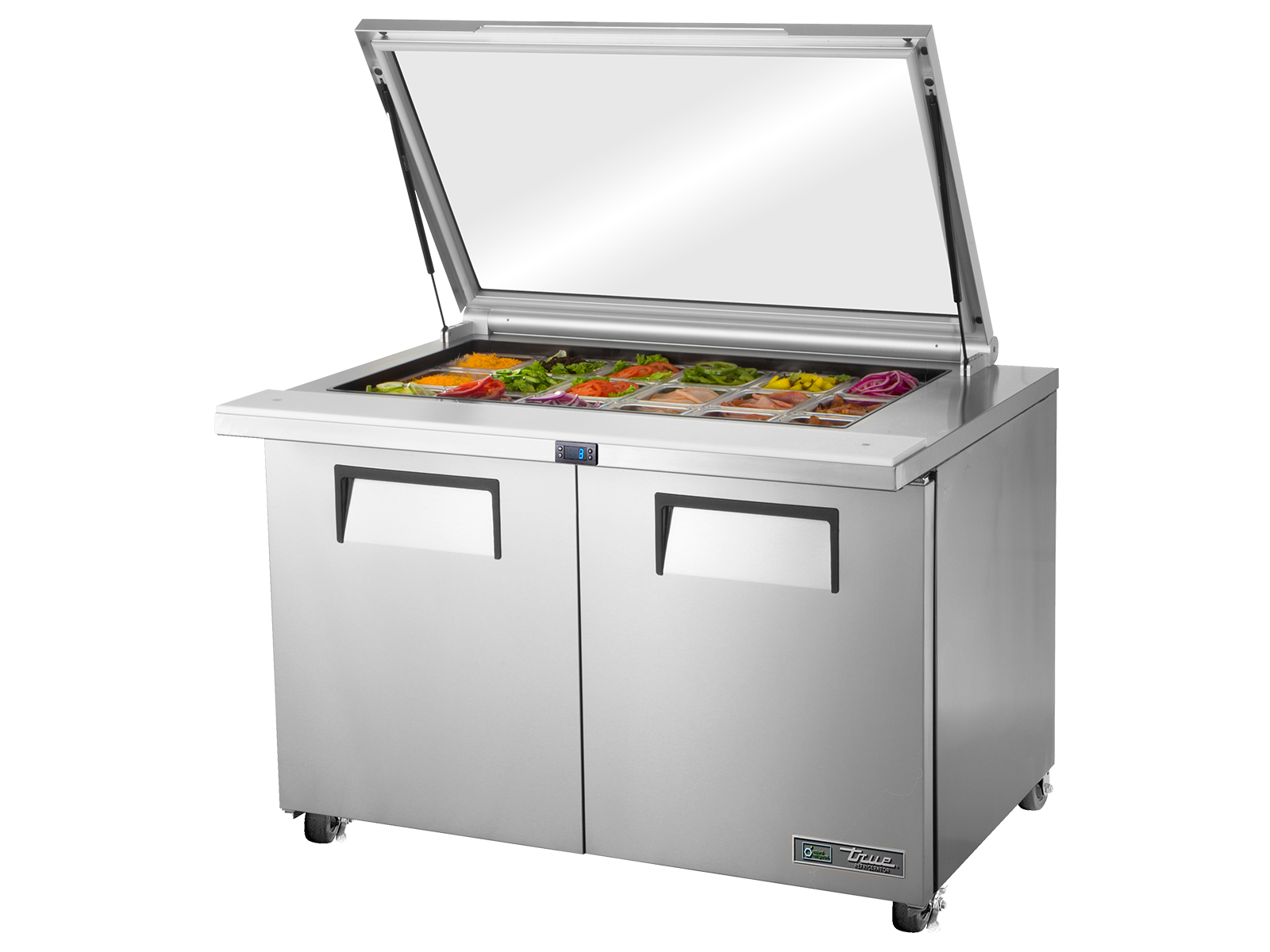 TRUE 1 Mega-Top Solid Door Sandwich/Salad Fridge with Flat Glass Lid - TSSU-48-18M-B-FGLID-HC