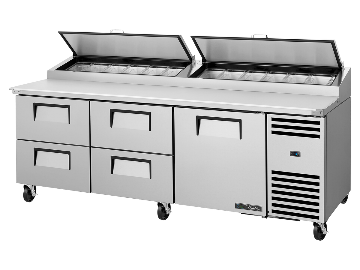 TRUE 1 Solid Door & 4 Drawer Pizza Prep Table with Angled Top - TPP-AT2-93D-4-HC