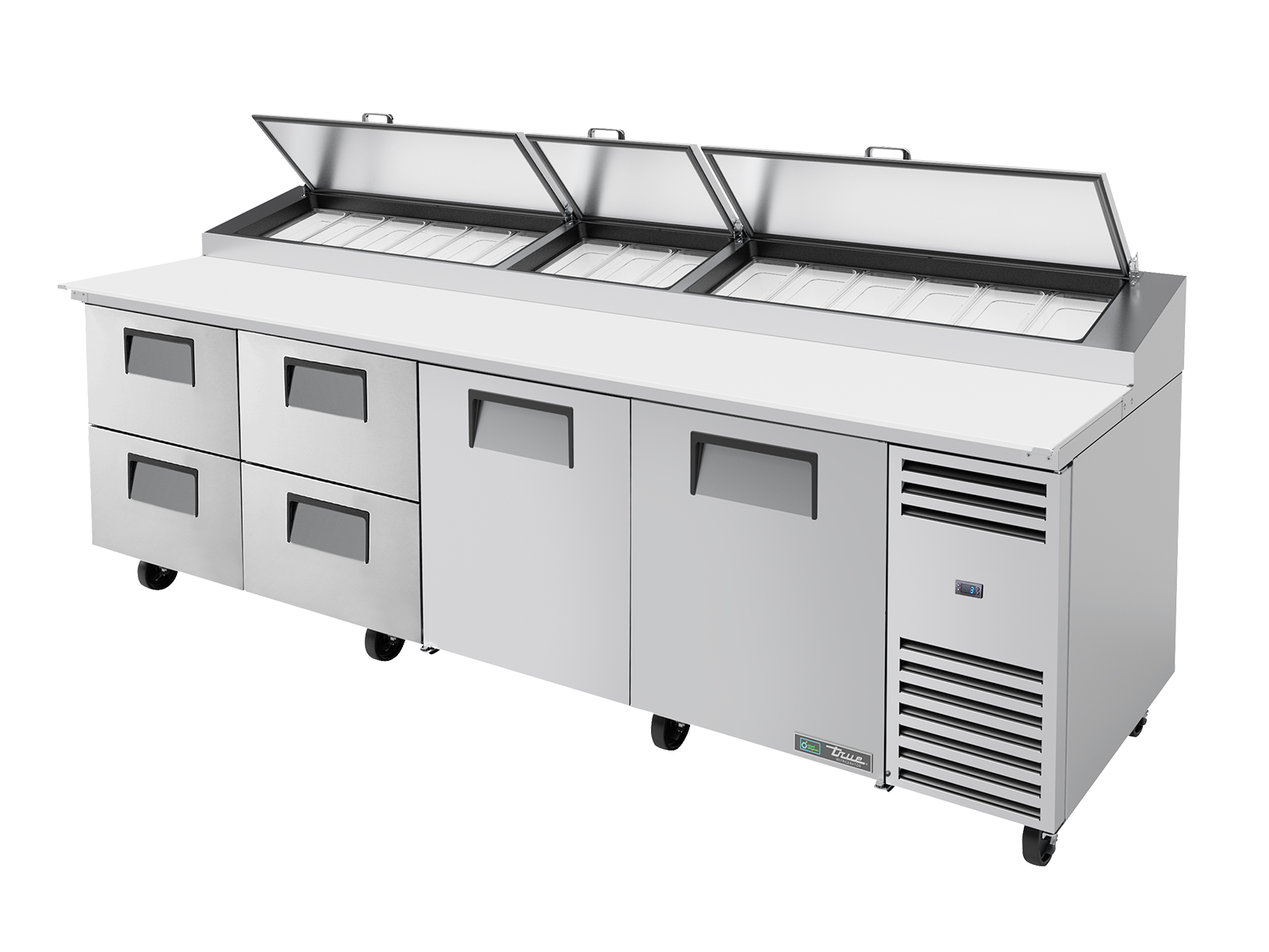 TRUE 2 Solid Door & 4 Drawer Pizza Prep Table with Angled Top - TPP-AT-119D-4-HC