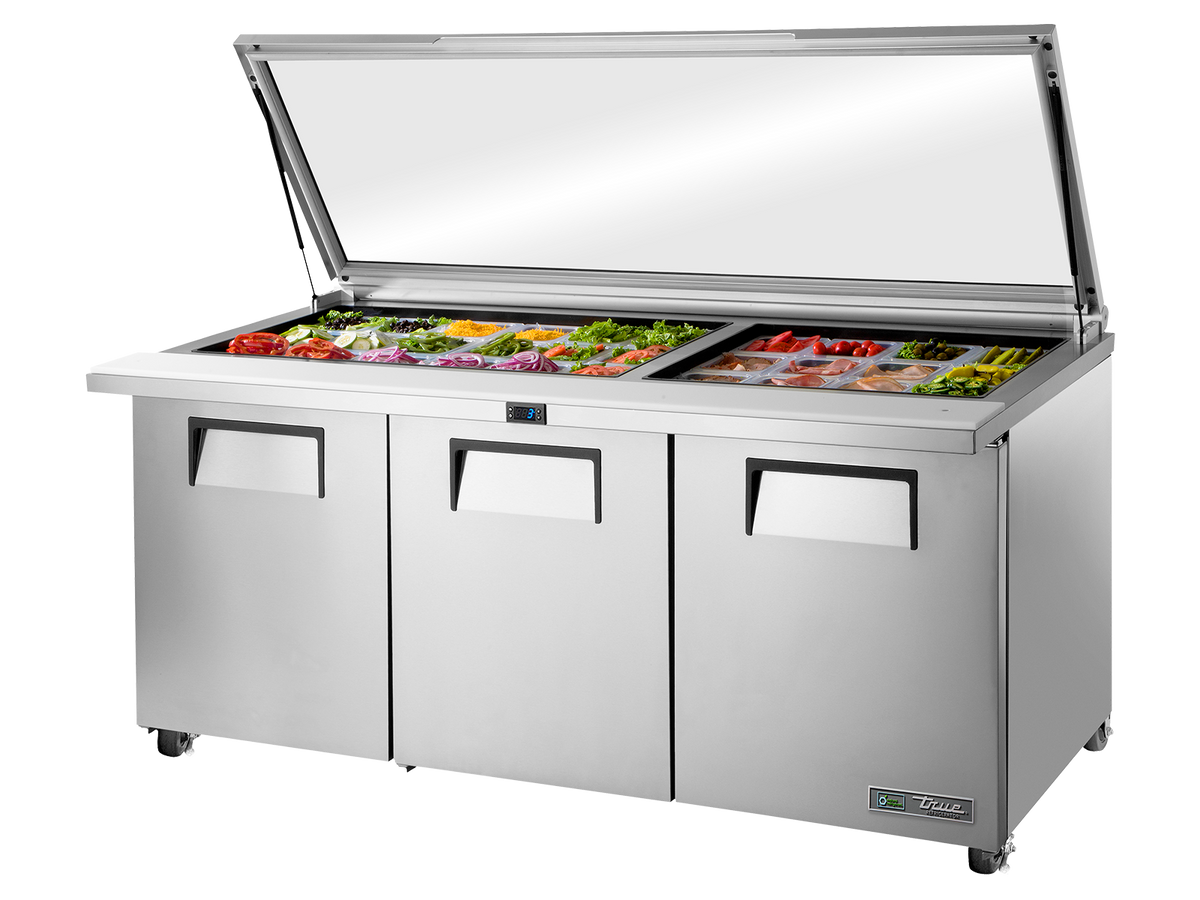 TRUE 3 Mega-Top Solid Door Sandwich/Salad Fridge with Flat Glass Lid - TSSU-72-30M-B-ST-FGLID-HC