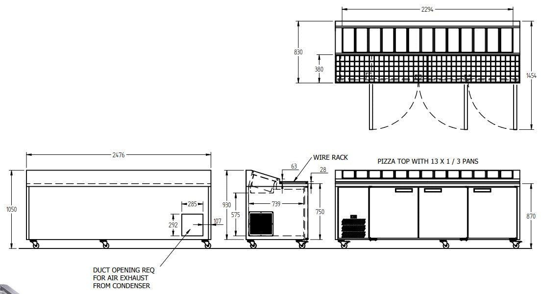Williams Jade Pizza - Three Door White Colorbond Pizza Prep Counter Refrigerator With Blown Air Well HJ3PCBA