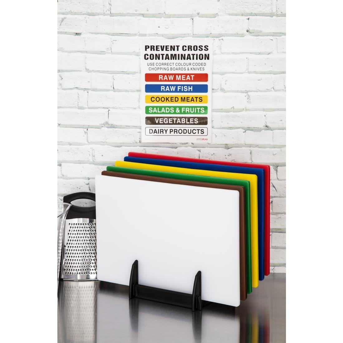 Hygiplas Standard Low Density Set of 6 Chopping Boards with Rack - 10x300x450mm - FY329