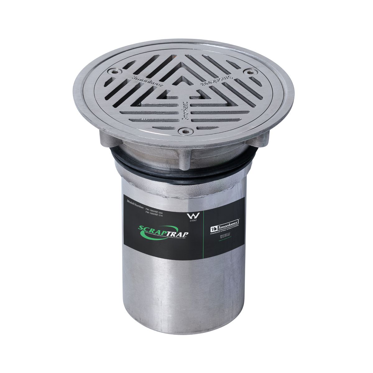 3Monkeez 150mm Round Vinyl Floor Waste Arrestor 316 Grade S/S (suits 100mm pipe) (Heel Proof) - FW-100VRBT-316