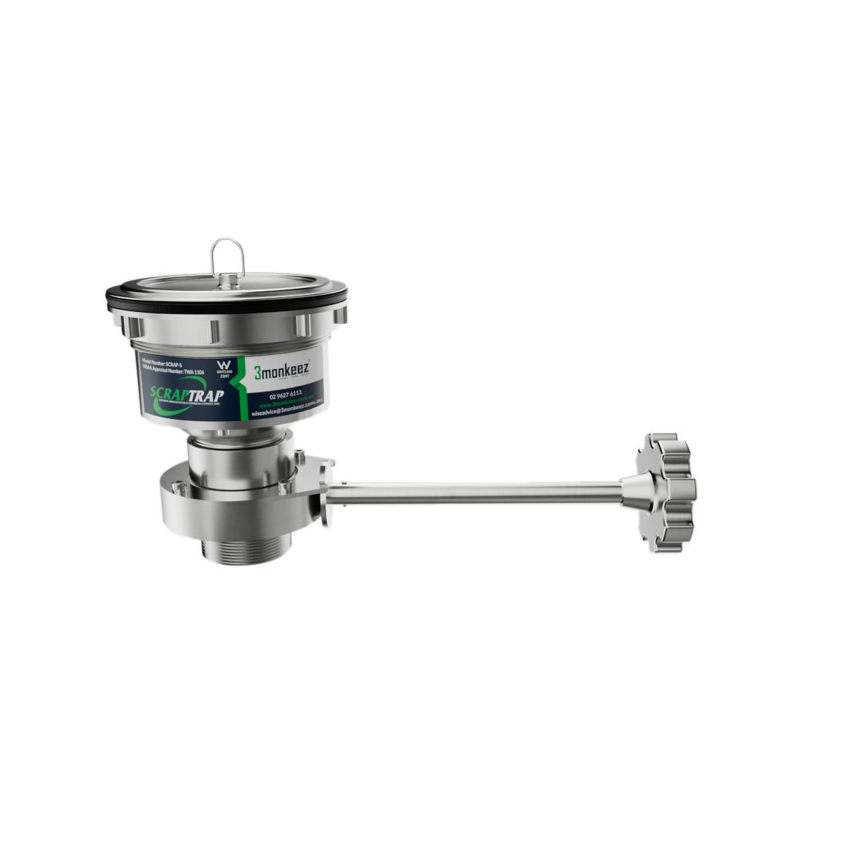 3Monkeez 316 Cast Stainless Sink Waste Arrestor with Cast Stainless Shut Off Valve (125mm) - SCRAP-C-316