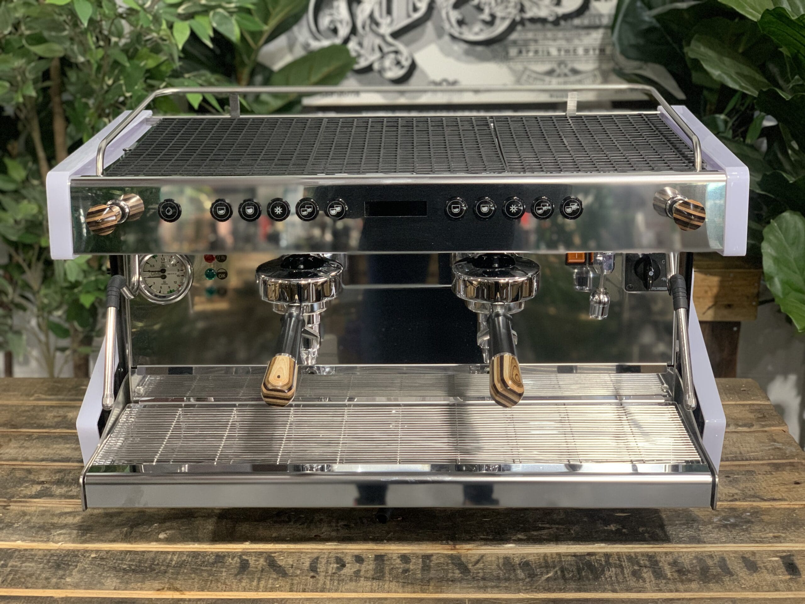 Cime CO-03 Neo E61 White w. Black & Brown Pesado - 2 Group Commercial Espresso Machine - Timber