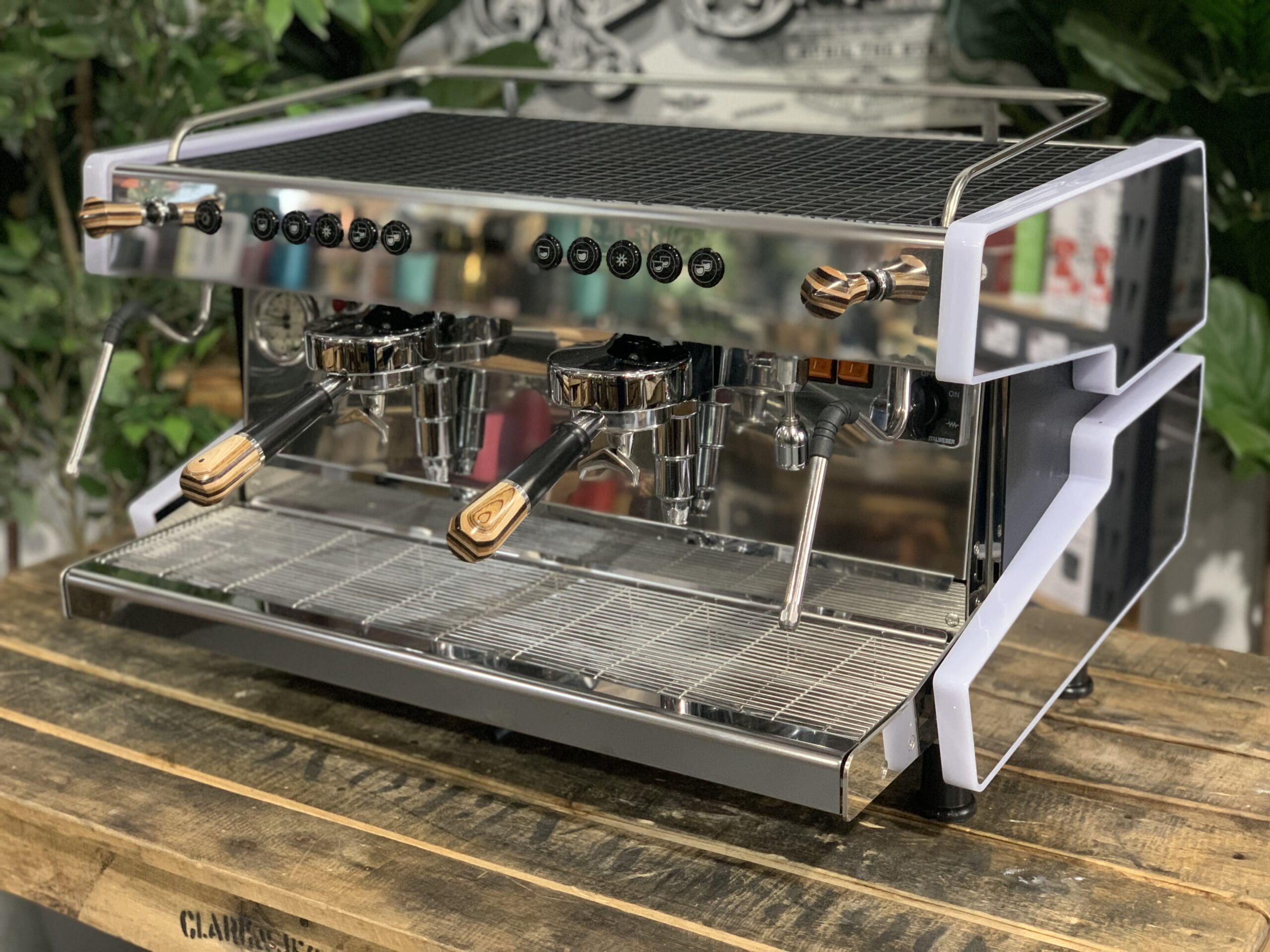 Cime CO-03 Neo E61 White w. Black & Brown Pesado - 2 Group Commercial Espresso Machine - Timber