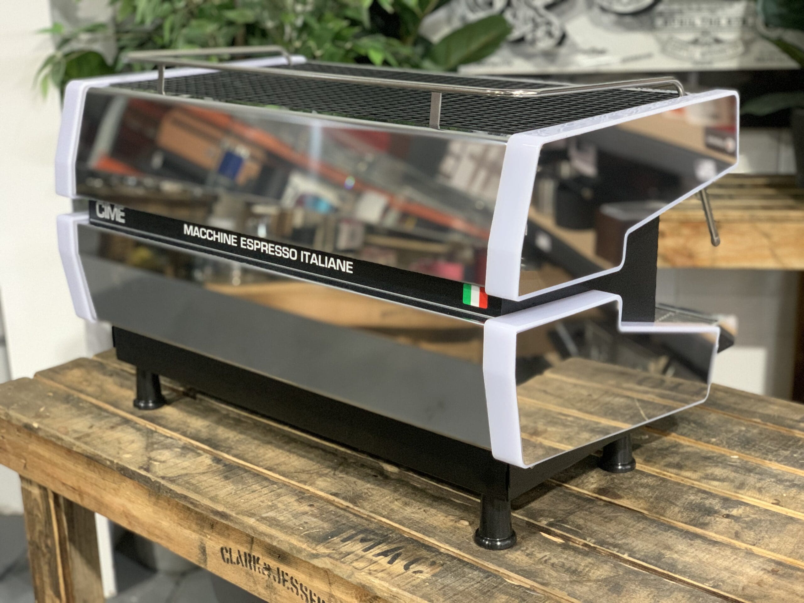 Cime CO-03 Neo E61 White w. Black & Brown Pesado - 2 Group Commercial Espresso Machine - Timber