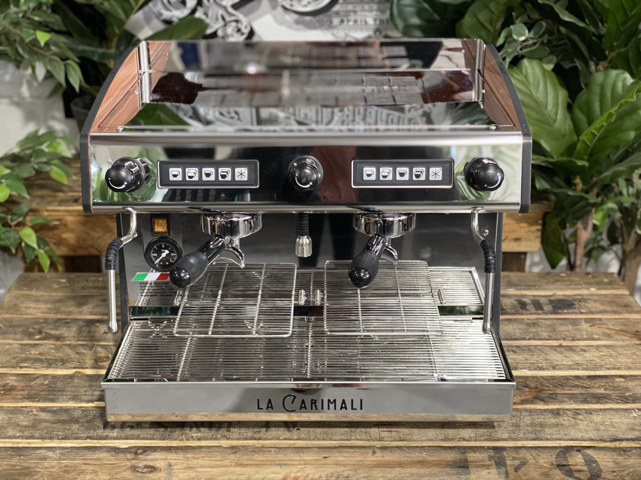 Carimali Pratica E2 Stainless Steel and Sides - 2 Group Commercial Espresso Machine - Timber
