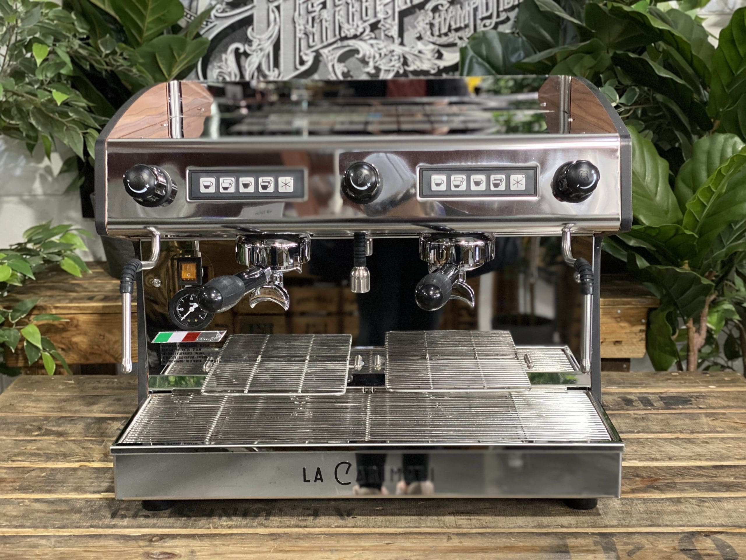 Carimali Pratica E2 Stainless Steel and Sides - 2 Group Commercial Espresso Machine - Timber