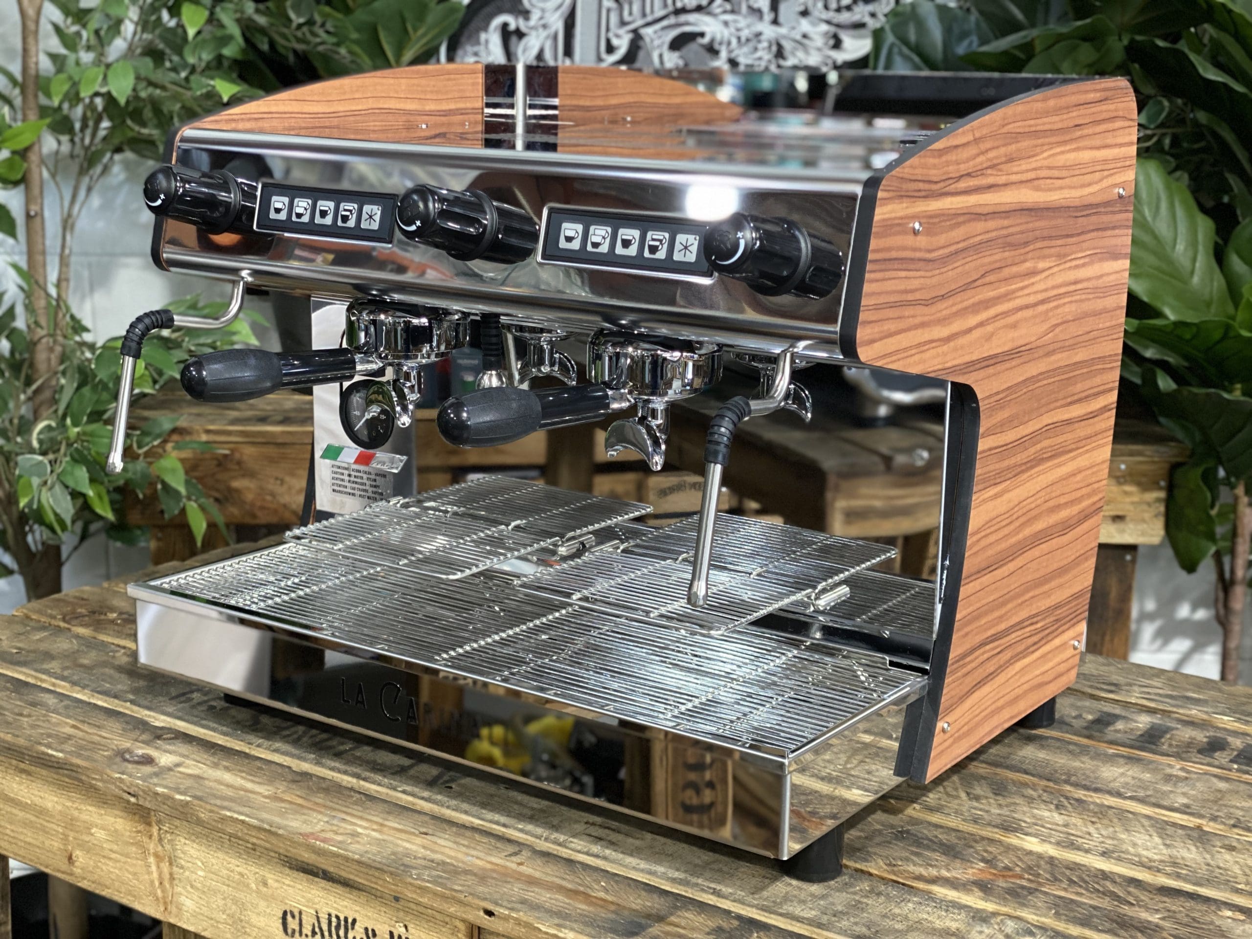 Carimali Pratica E2 Stainless Steel and Sides - 2 Group Commercial Espresso Machine - Timber