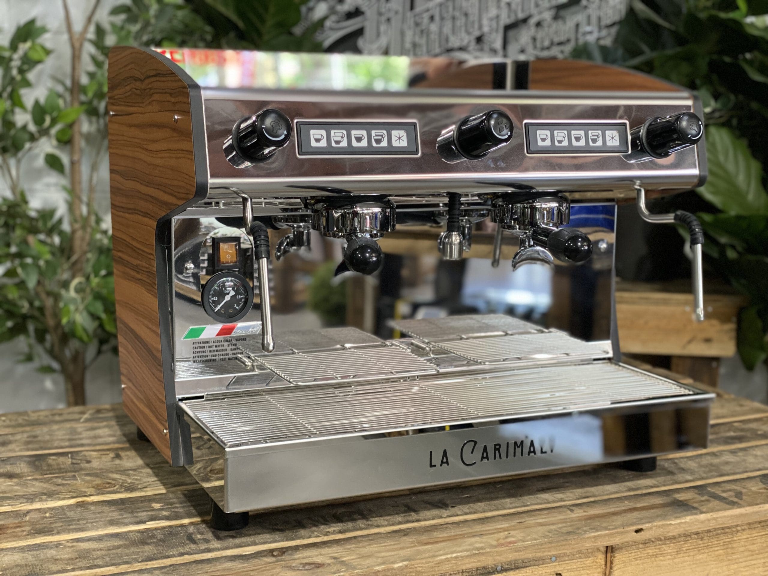 Carimali Pratica E2 Stainless Steel and Sides - 2 Group Commercial Espresso Machine - Timber