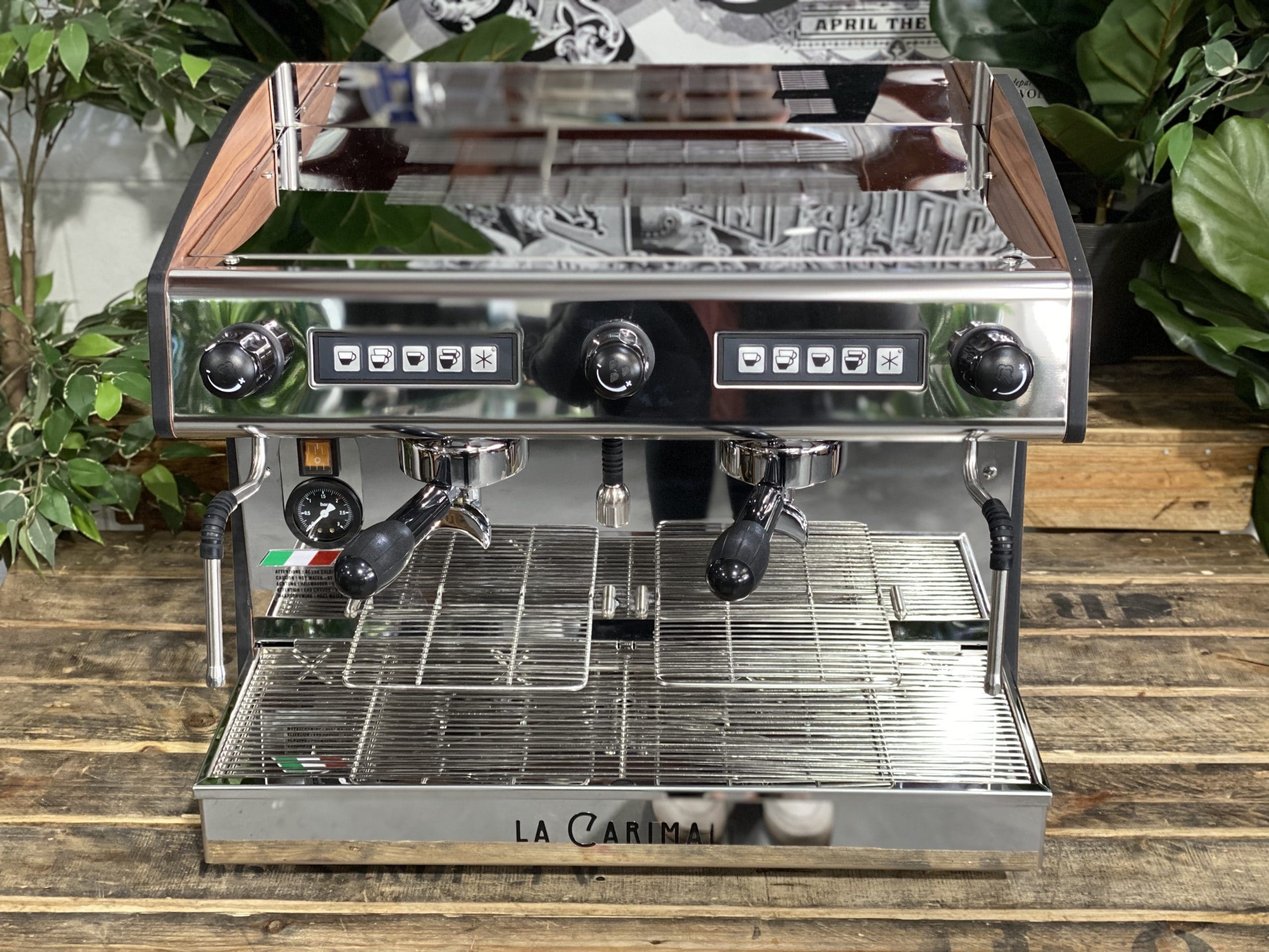 Carimali Pratica E2 Stainless Steel and Sides - 2 Group Commercial Espresso Machine - Timber