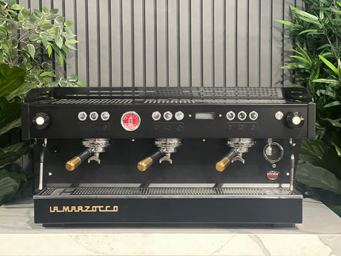 La Marzocco Linea PB Black with Gold Pesado & Logo - 3 Group Commercial Espresso Machine - Gold