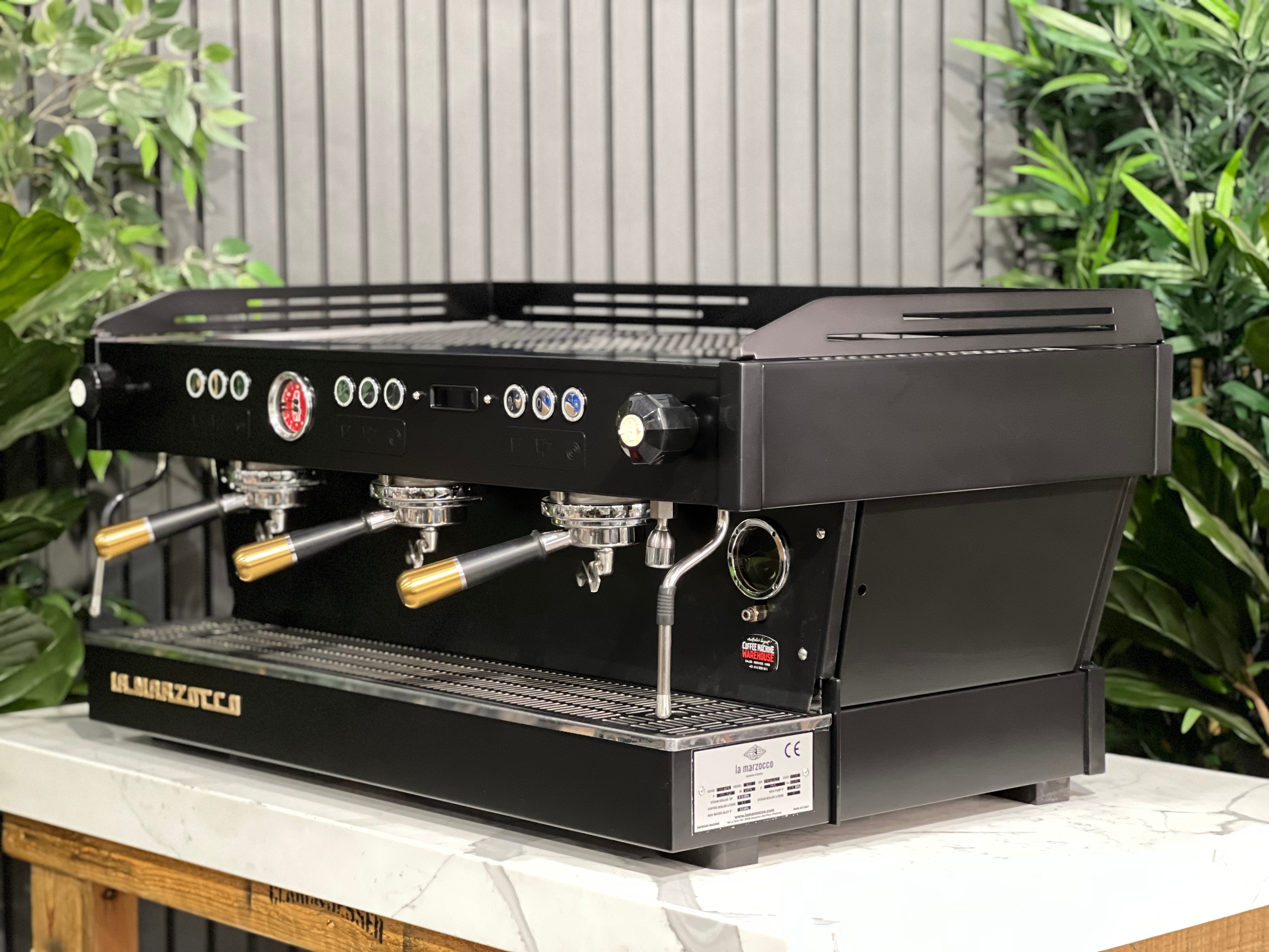 La Marzocco Linea PB Black with Gold Pesado & Logo - 3 Group Commercial Espresso Machine - Gold
