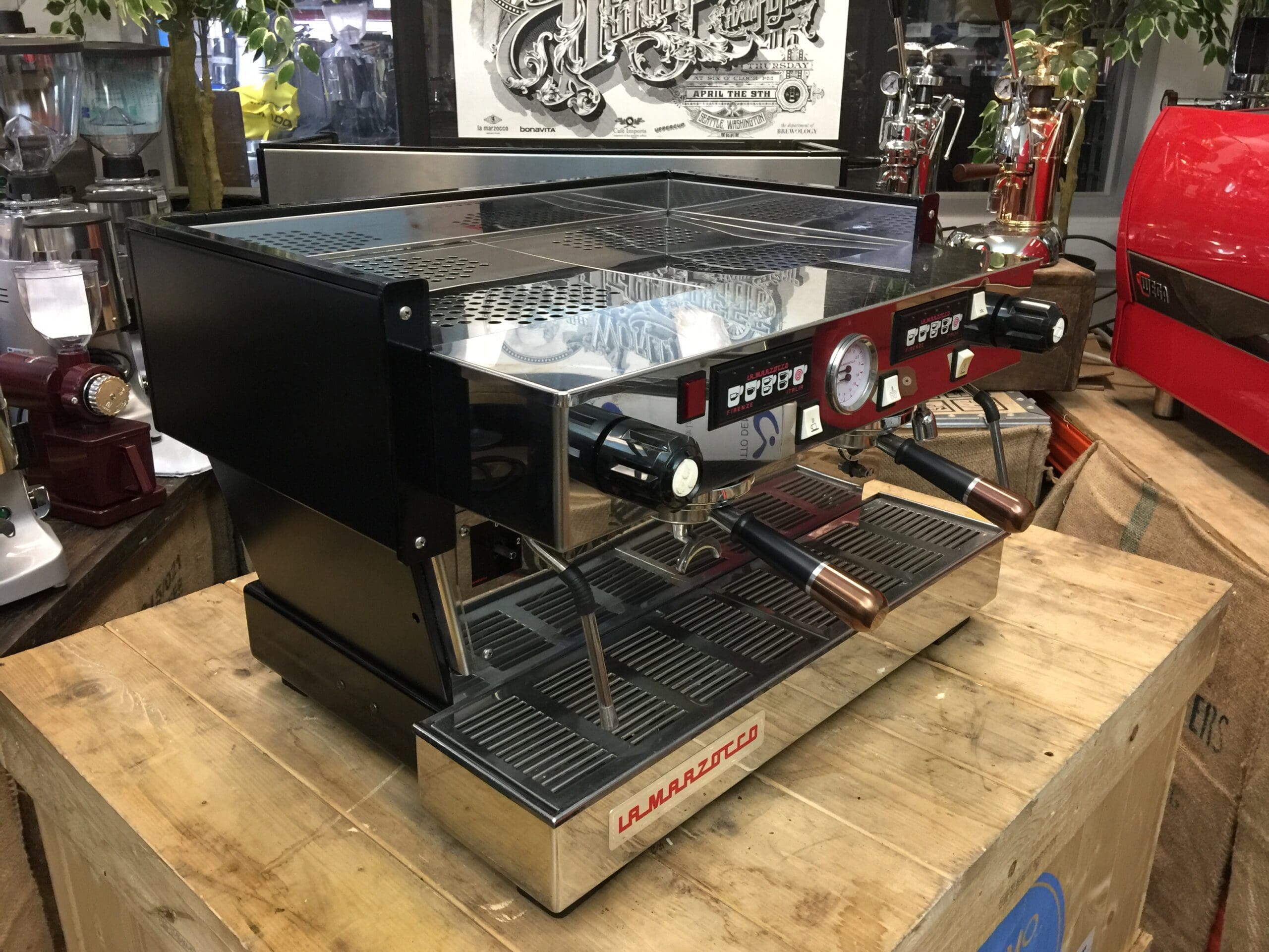 La Marzocco Linea Classic Matte Black with Black & Handles - 2 Group Commercial Espresso Machine - Bronze