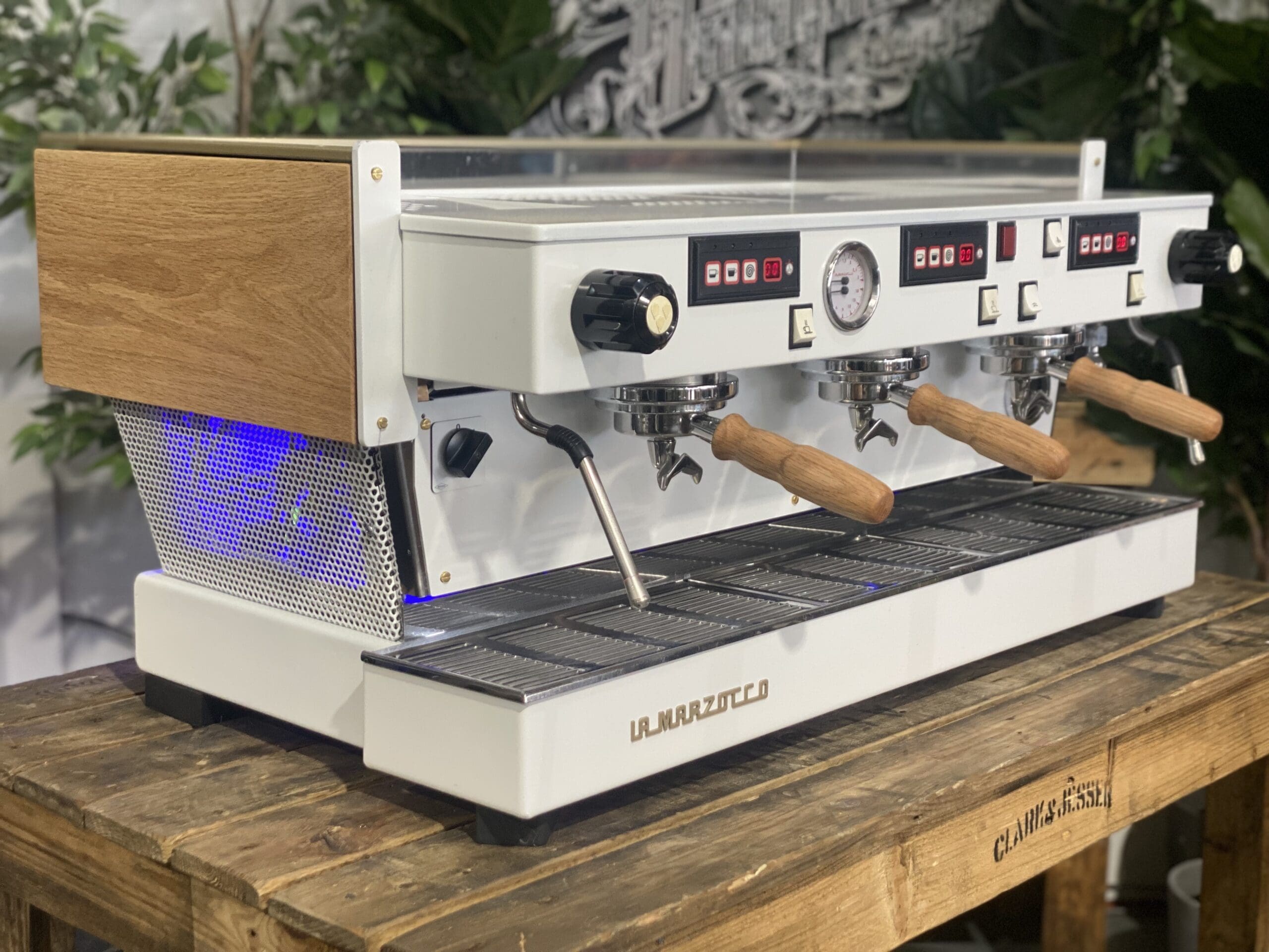 La Marzocco Linea Classic White & LED Cutout - 3 Group Commercial Espresso Machine - Timber