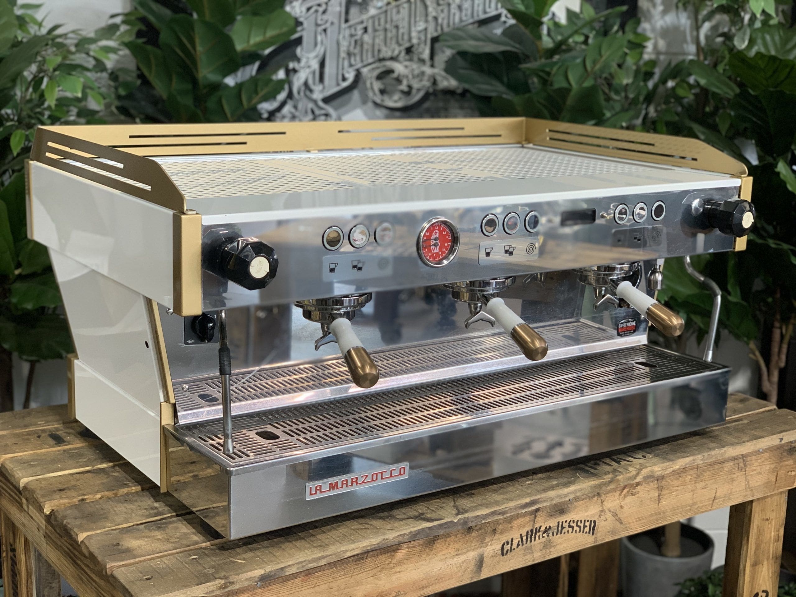 La Marzocco Linea PB White & with Pesado Handles - 3 Group Commercial Espresso Machine - Gold