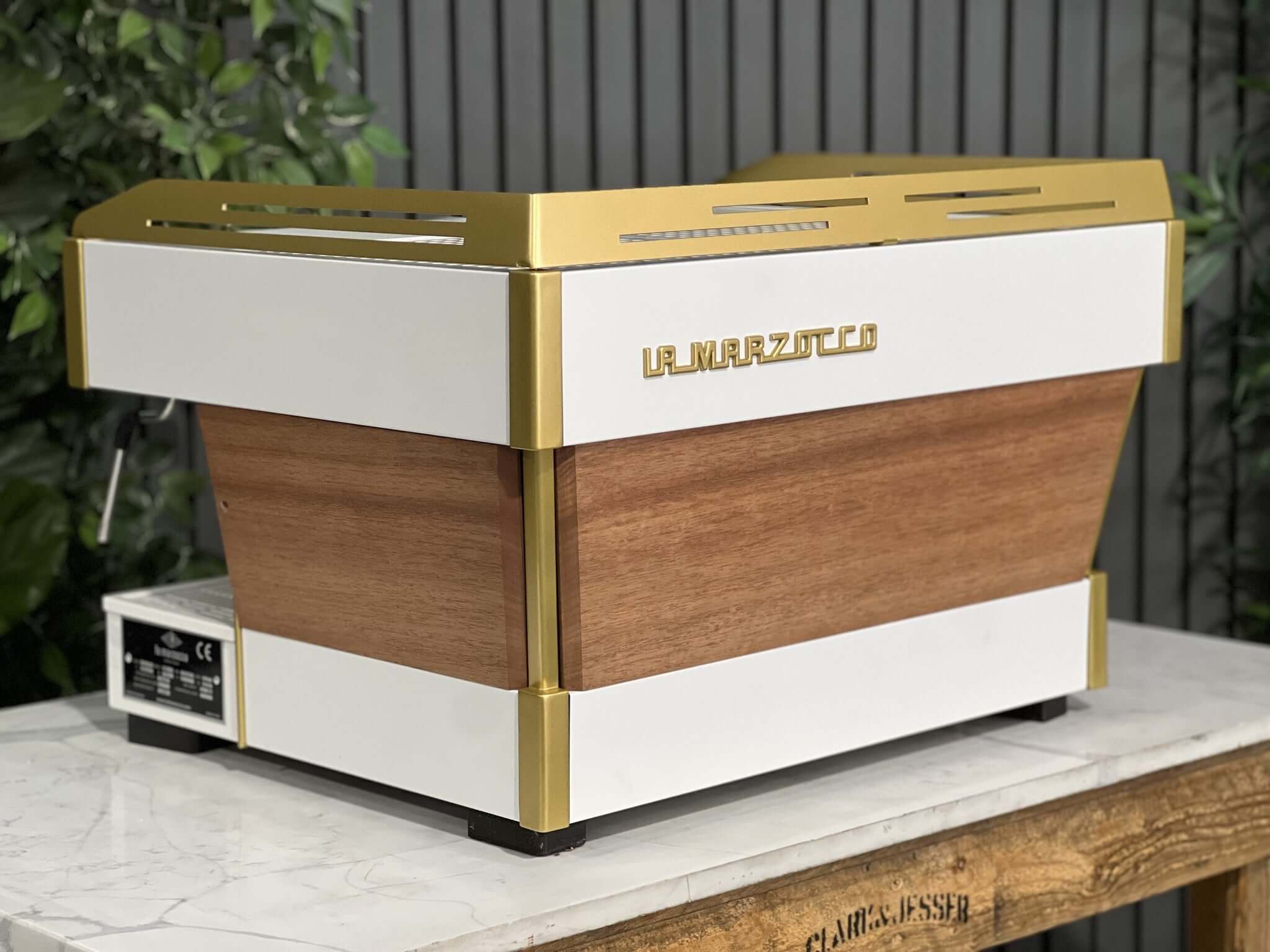 La Marzocco Linea PB White & Gold with Panels & Handles - 2 Group Commercial Espresso Machine - Timber