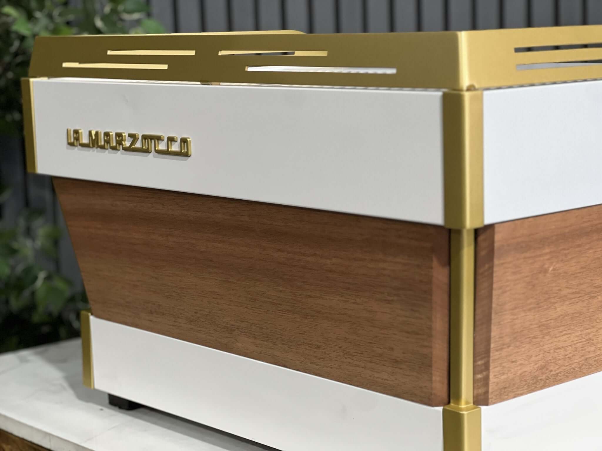 La Marzocco Linea PB White & Gold with Panels & Handles - 2 Group Commercial Espresso Machine - Timber