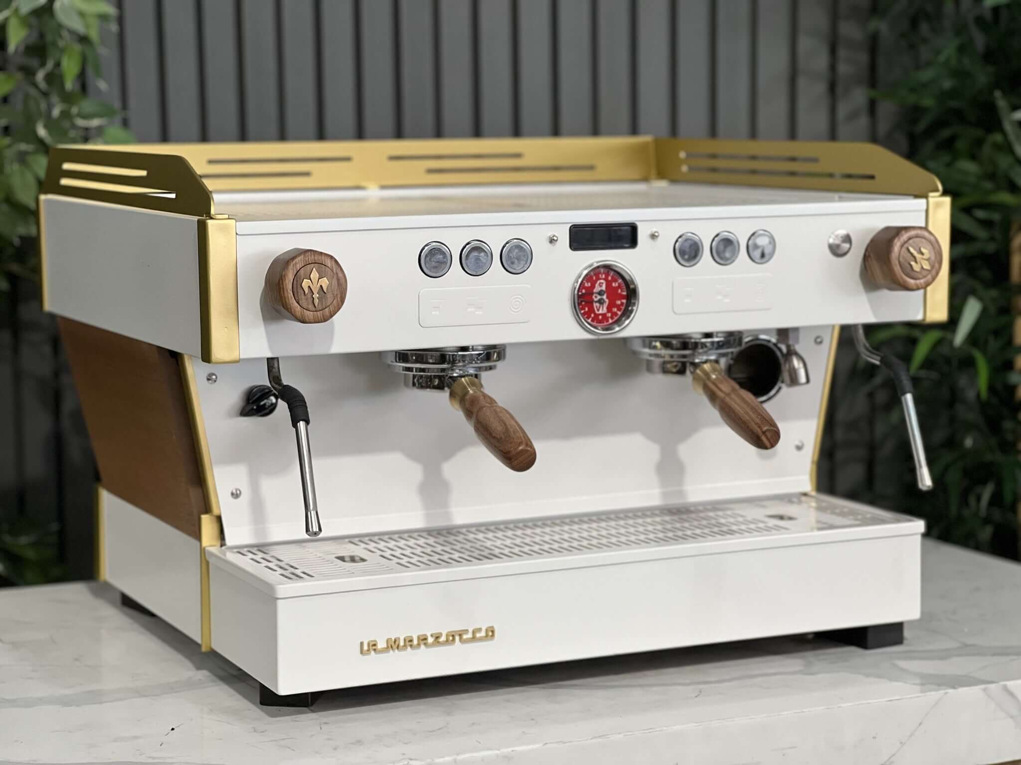 La Marzocco Linea PB White & Gold with Panels & Handles - 2 Group Commercial Espresso Machine - Timber