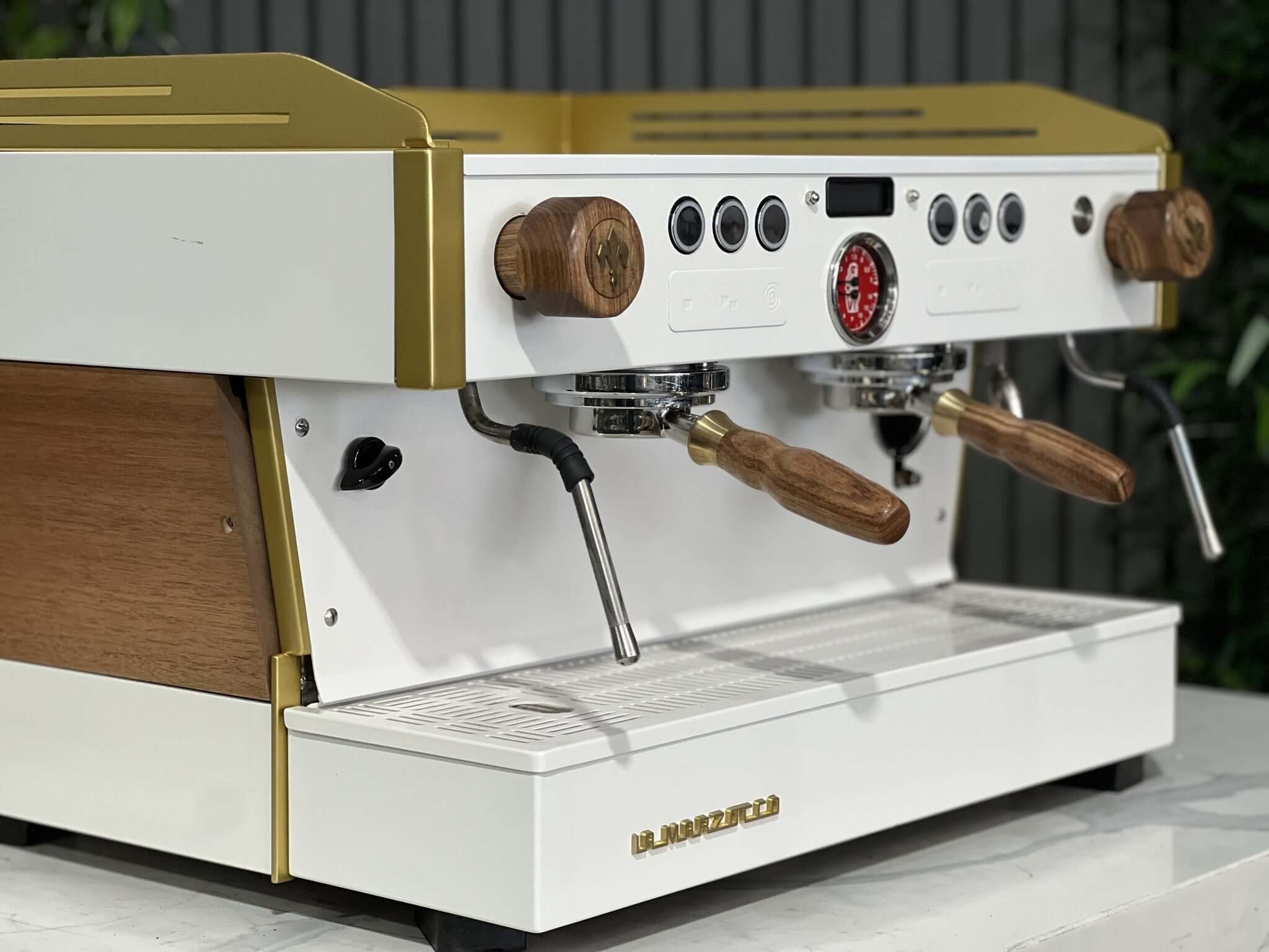 La Marzocco Linea PB White & Gold with Panels & Handles - 2 Group Commercial Espresso Machine - Timber