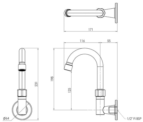 3Monkeez Stainless Steel Wall Elbow with 7" Gooseneck Swivel Spout - T-3MWEG07