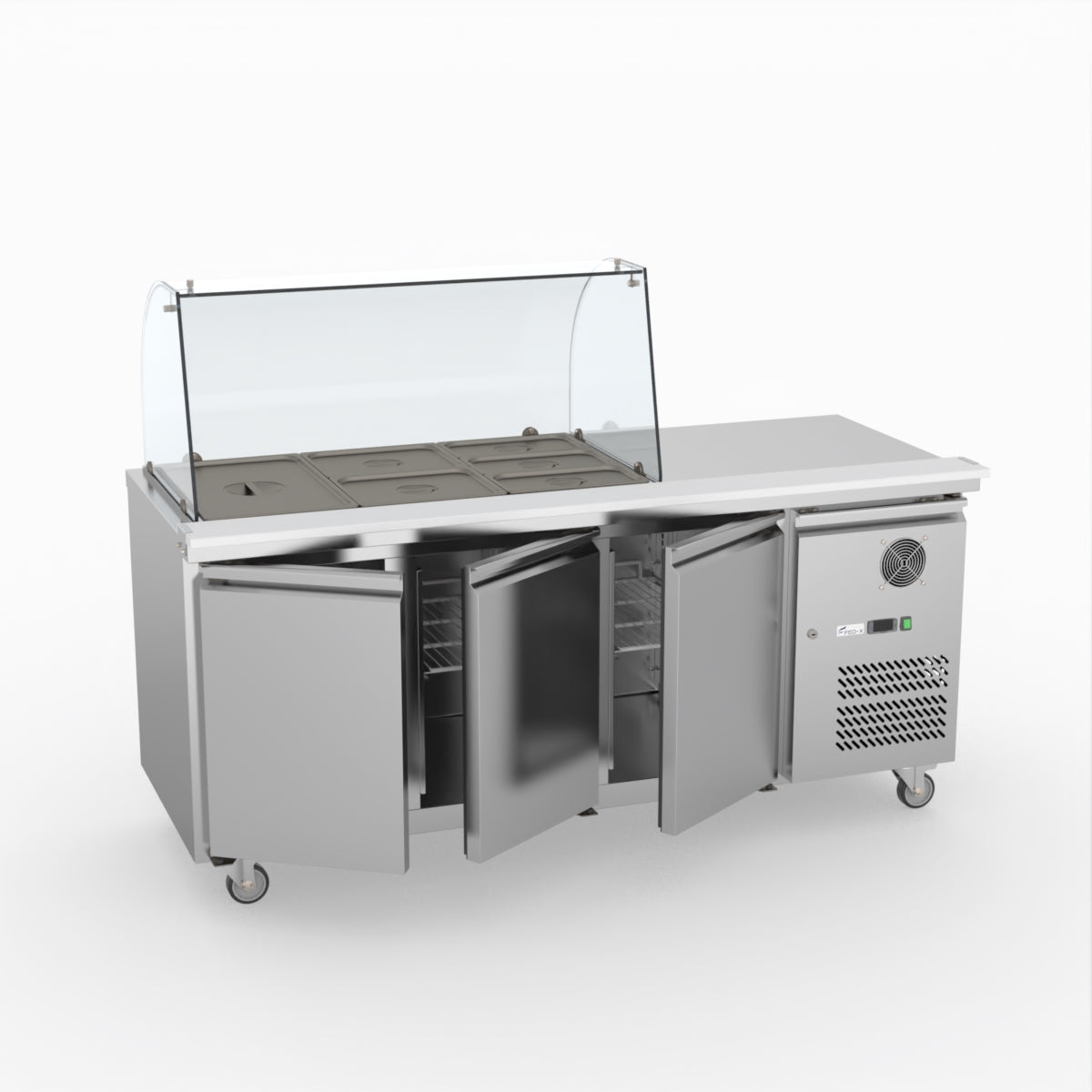FED-X Three Door Salad Prep Fridge With Curve Glass Top XTHP3100SALGC